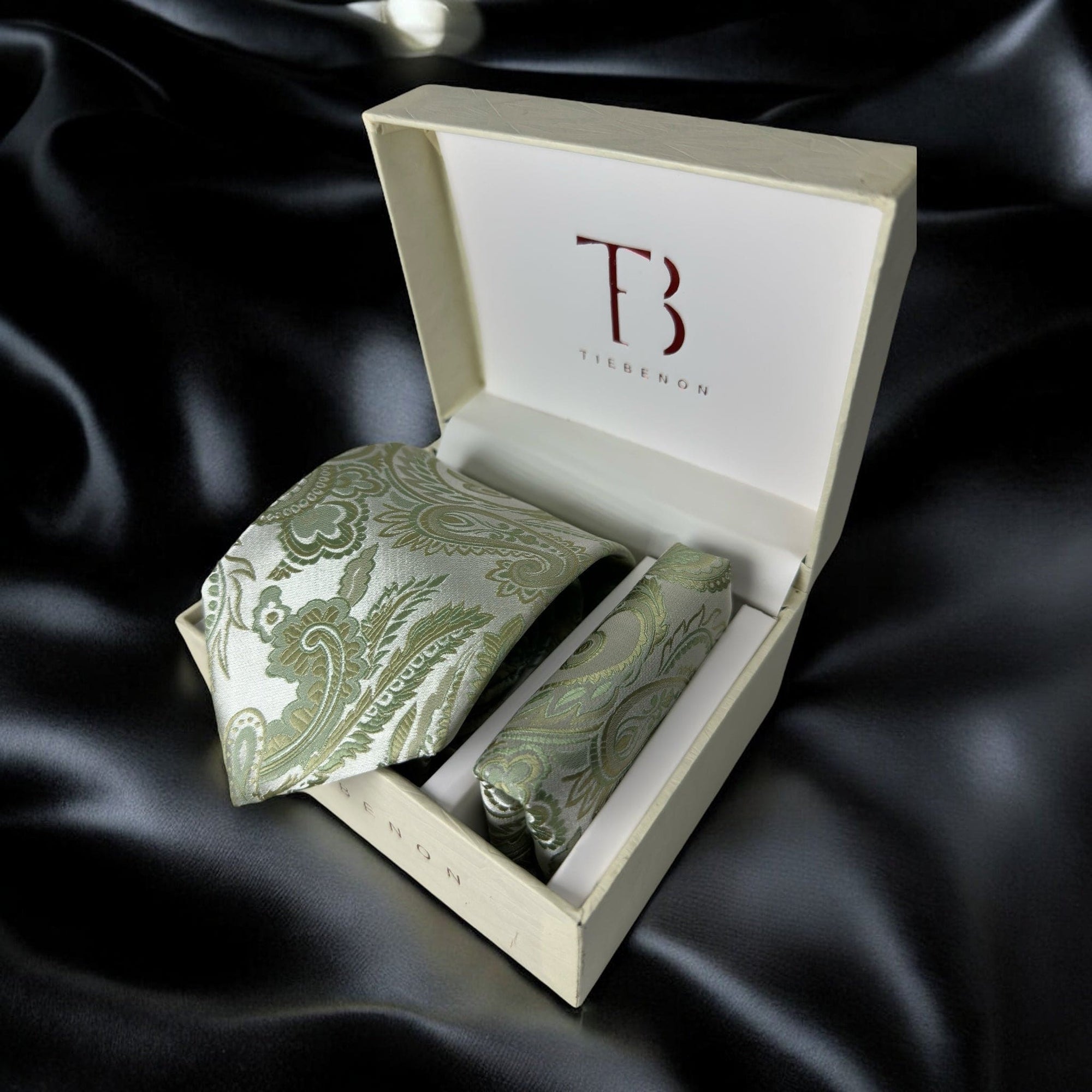 TieBenon Tea Green Paisley Tie with Pocket Square – Premium Microfiber