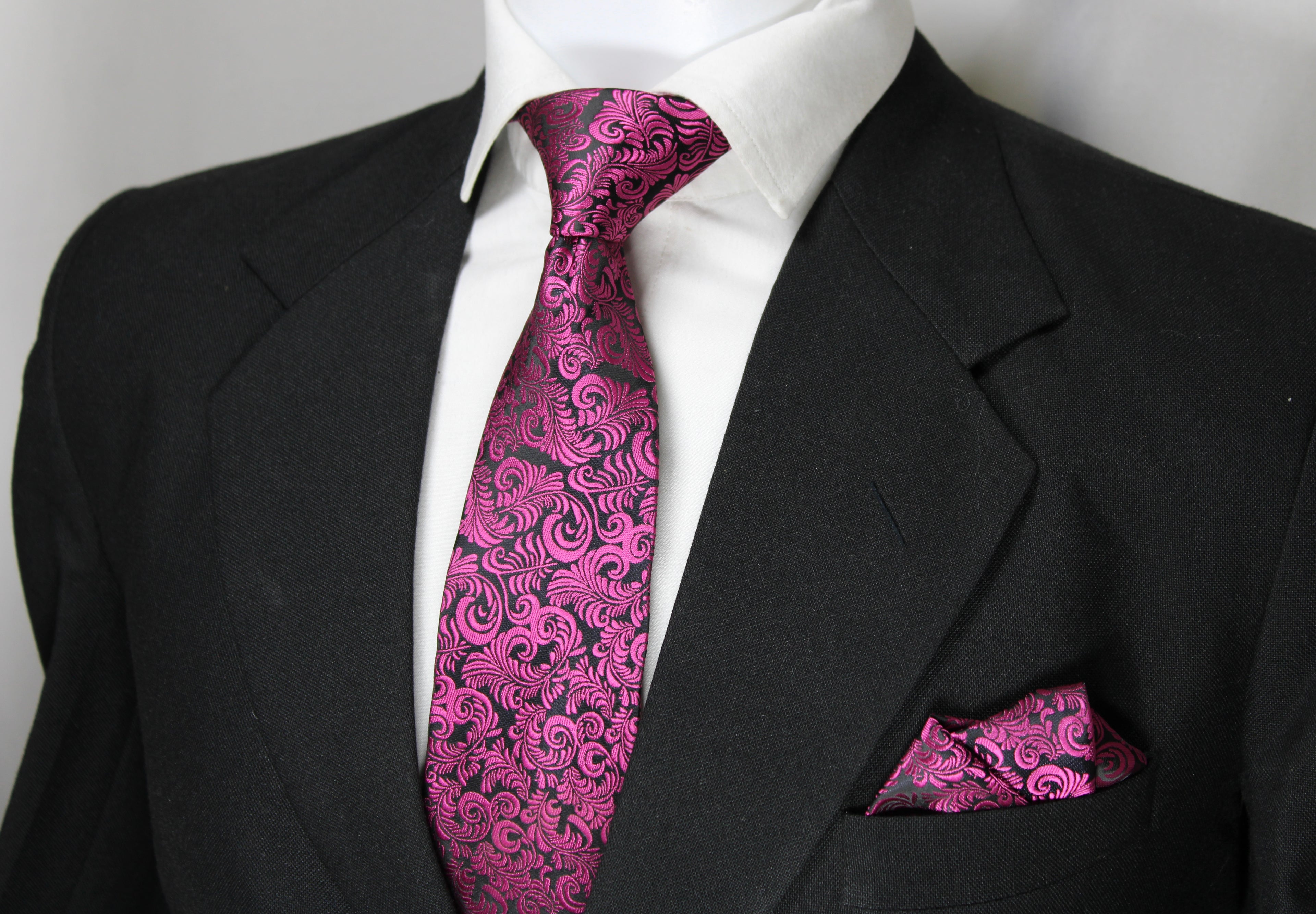 Magenta & Black Floral Tie & Pocket Square