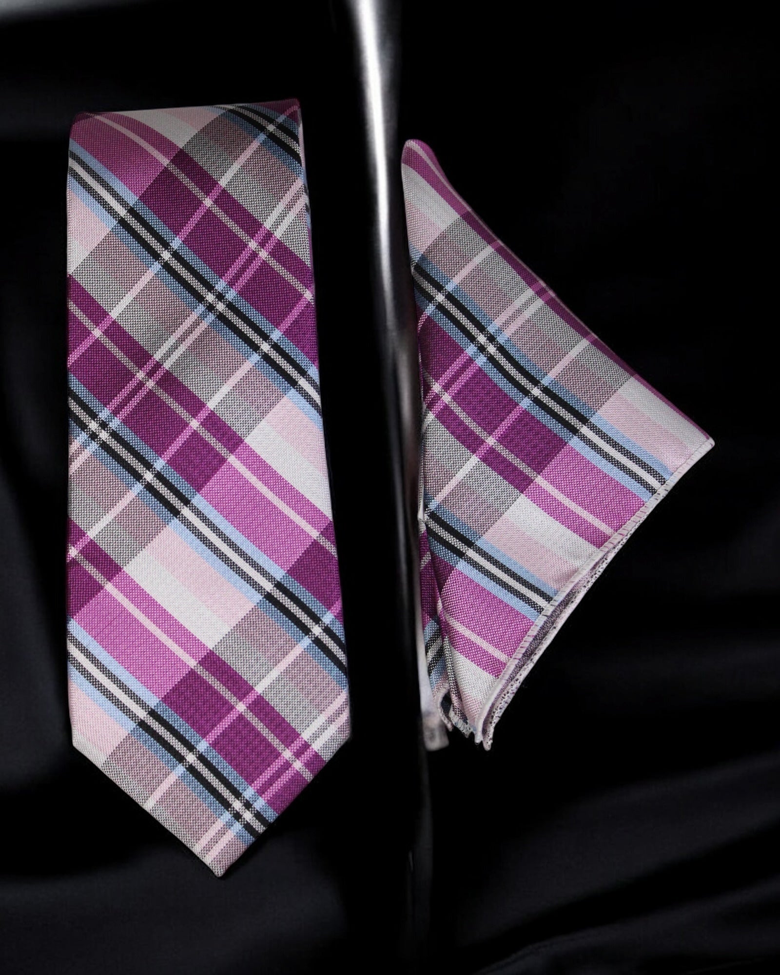 Plaid tie and pocket square set on a black background Tie Benon