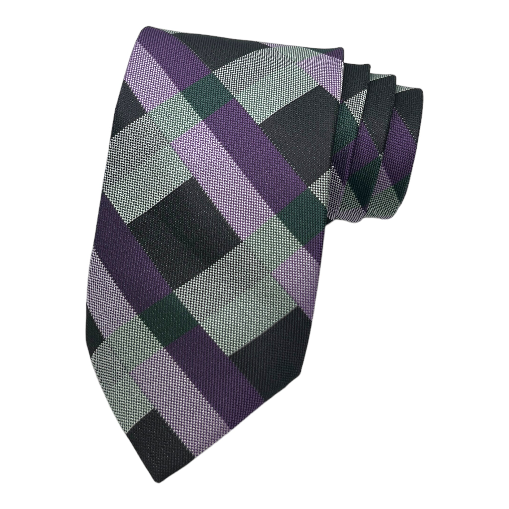 A purple and green plaid necktie and matching pocket square combo.