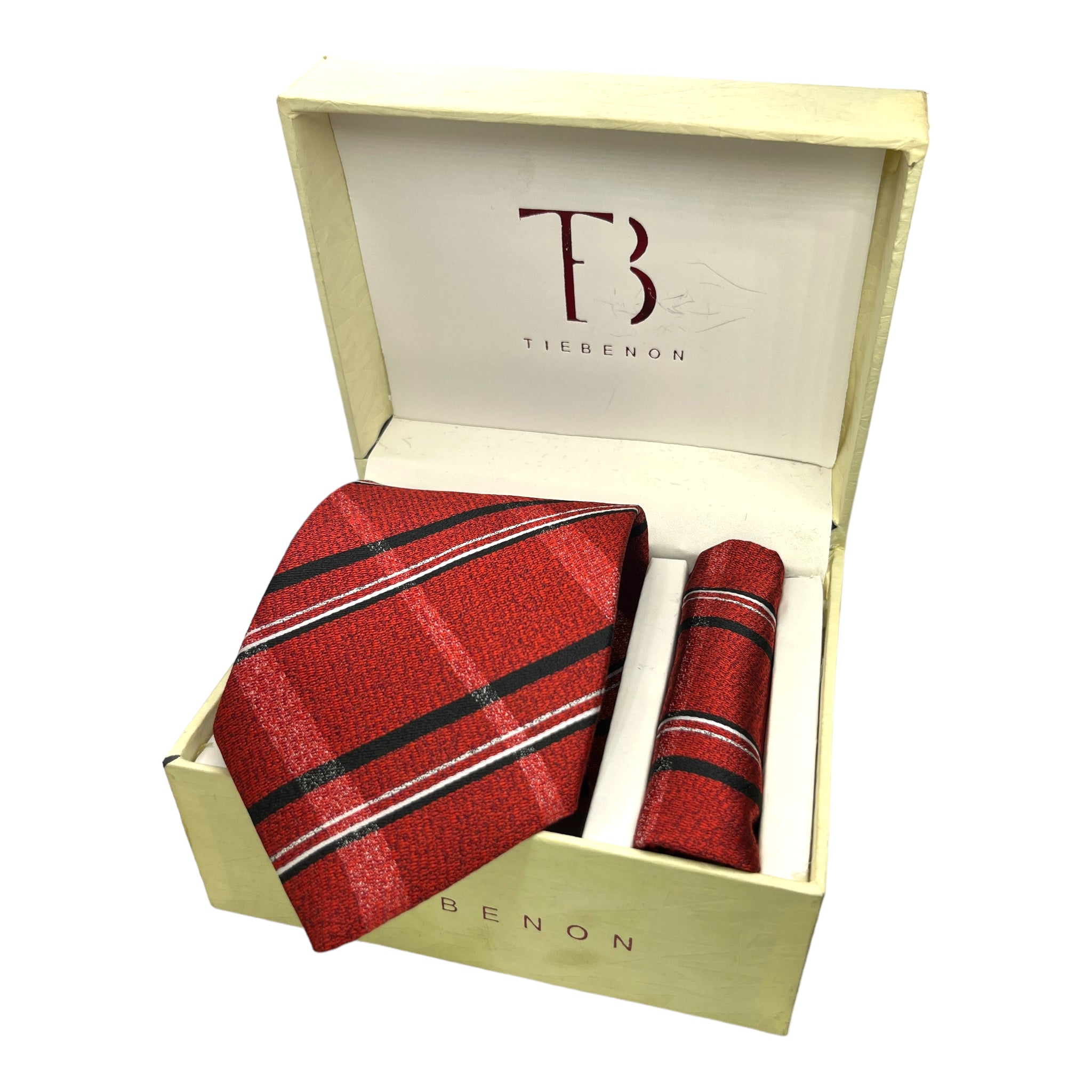 A red plaid tie and a matching pocket square combo by Tie Benon, displayed in an open white box with the brand's logo on the inside of the lid.