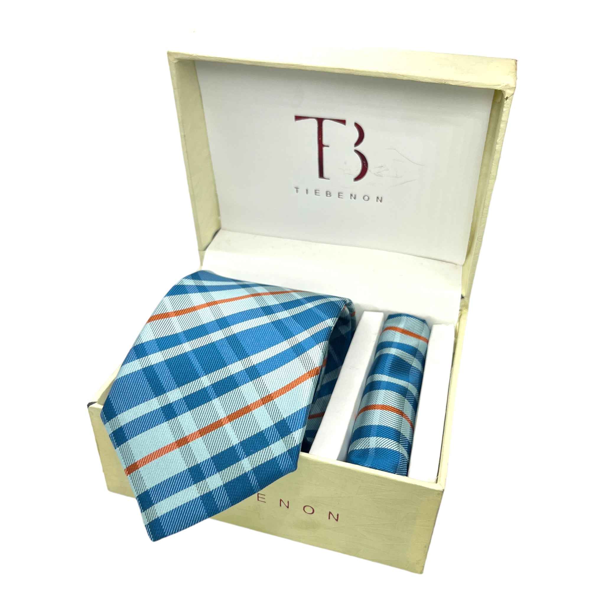 A sky blue plaid tie and matching pocket square combo by Tie Benon, presented in an open white box with the brand's logo.