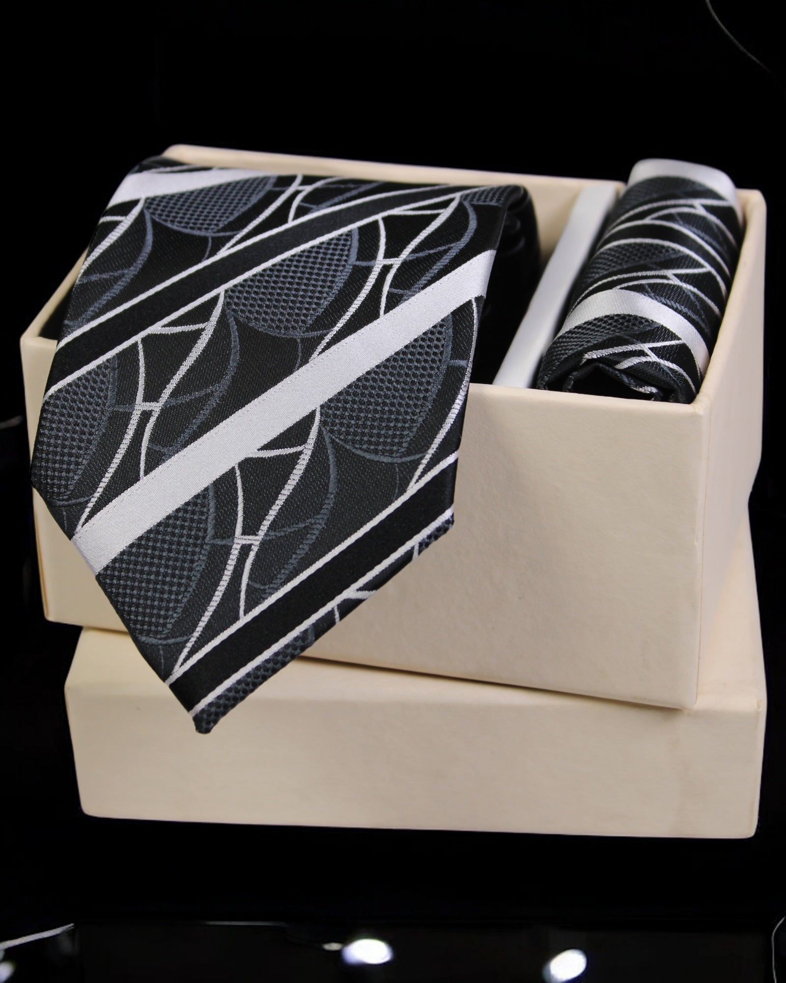 Black & Silver Striped Tie and Pocket Square Set