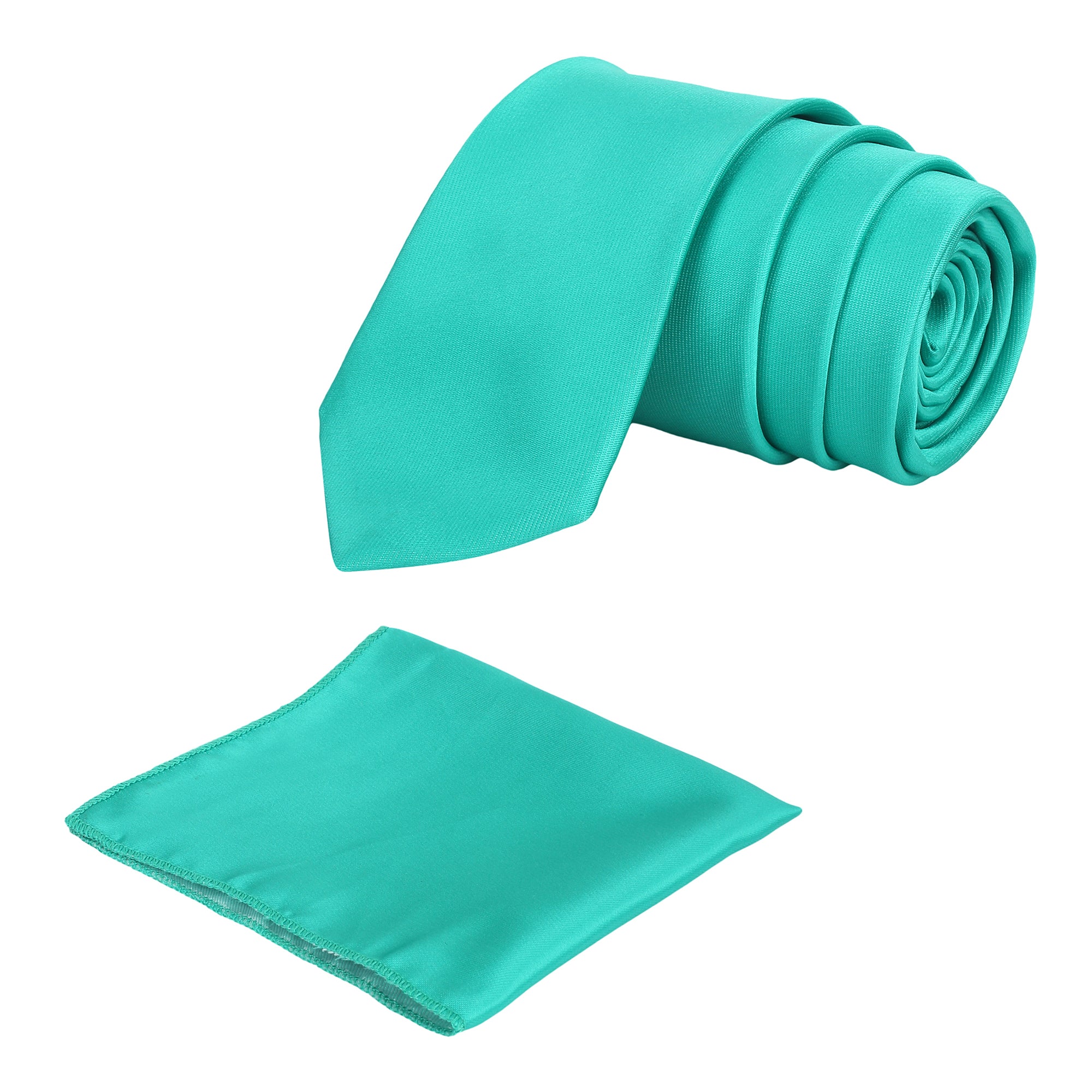 A rolled teal solid necktie with a matching pocket square, both laid out on a white background.
