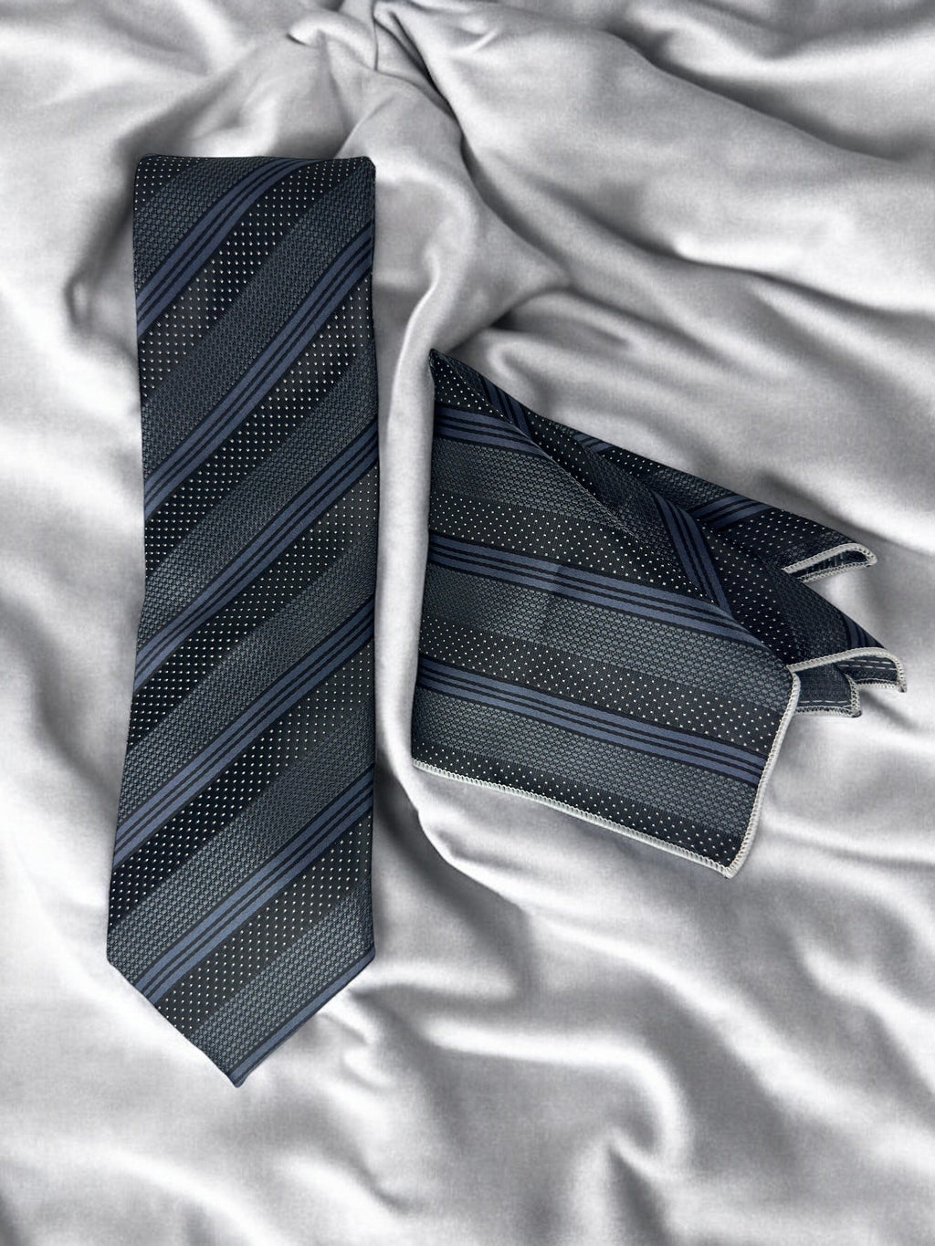 Tie Benon Grey Black Stripe Tie with Pocket Square – Premium Microfiber
