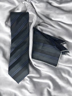 Tie Benon Grey Black Stripe Tie with Pocket Square – Premium Microfiber