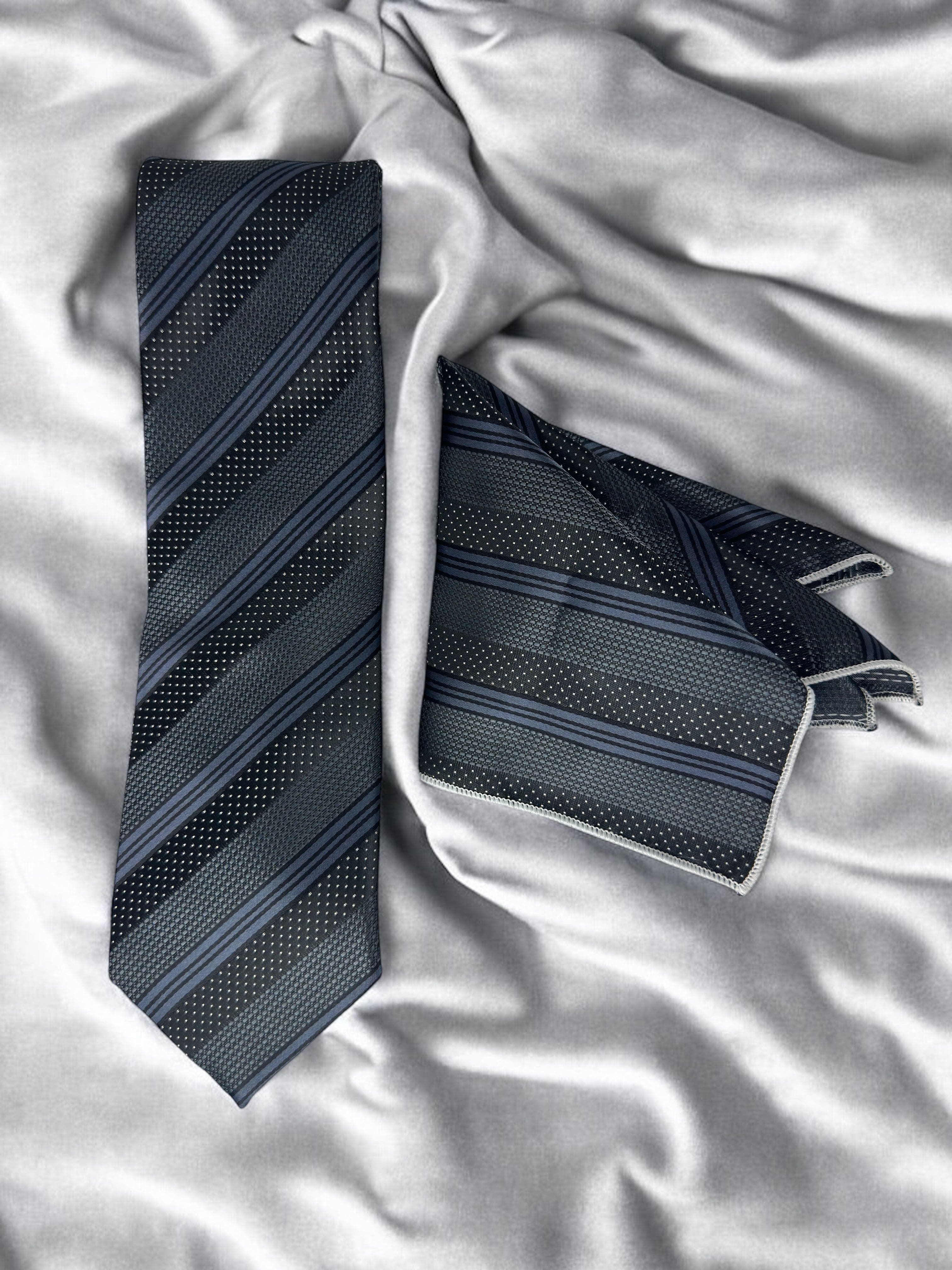Tie Benon Grey Black Stripe Tie with Pocket Square – Premium Microfiber