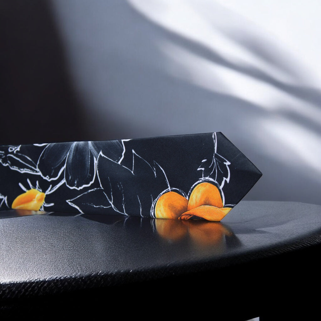Black and Yellow Artistic Floral Tie With Pocket Square