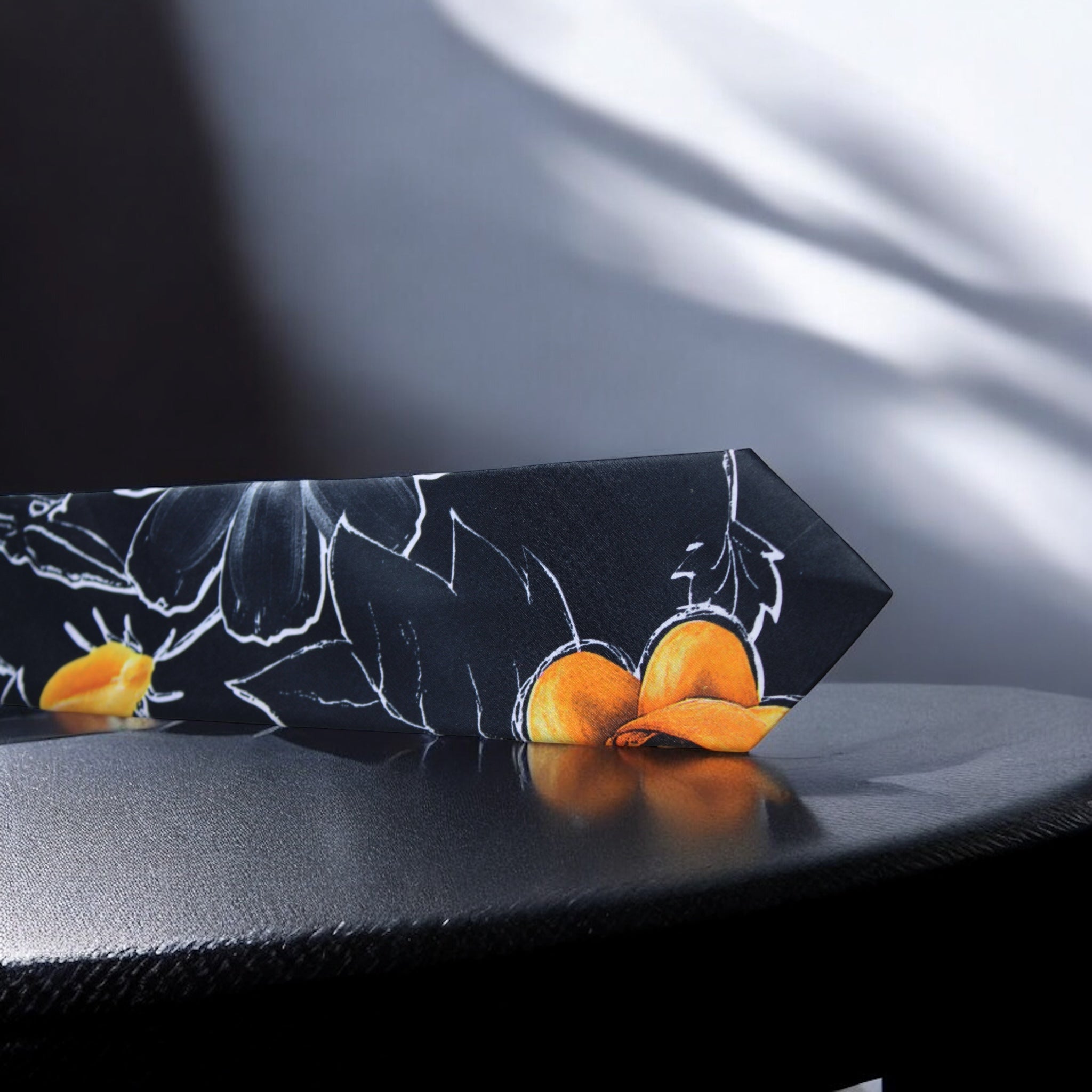 Black and Yellow Artistic Floral Tie With Pocket Square