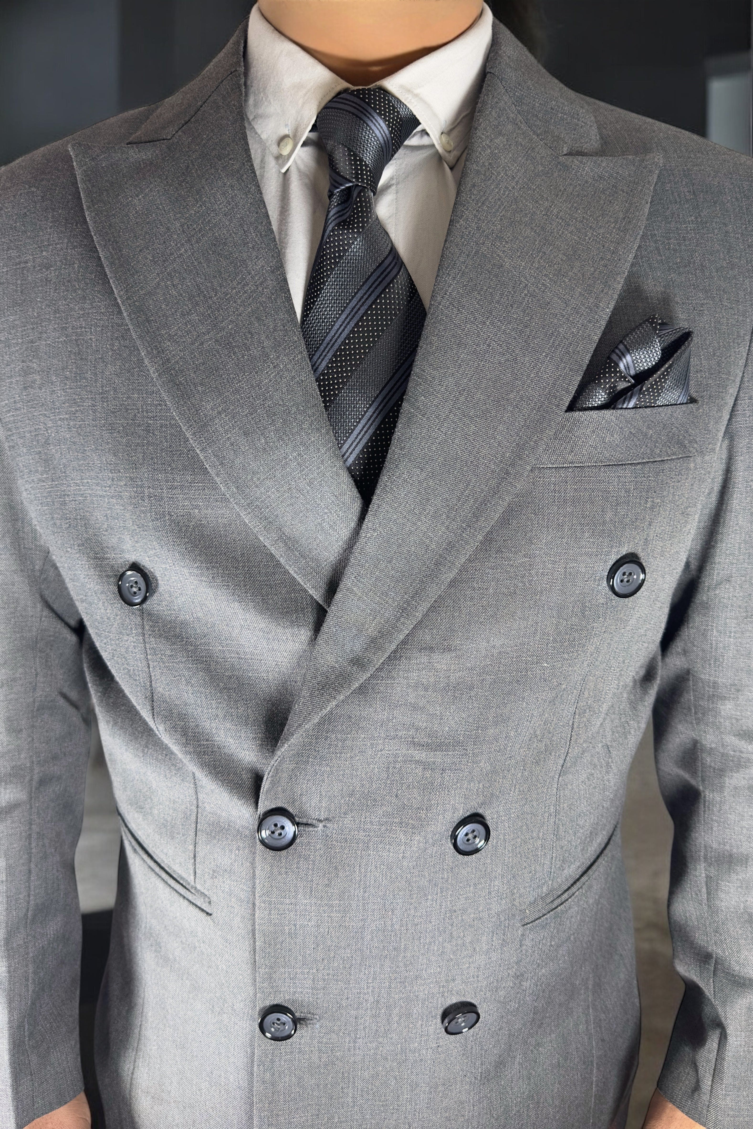 Tie Benon Grey Black Stripe Tie with Pocket Square – Premium Microfiber