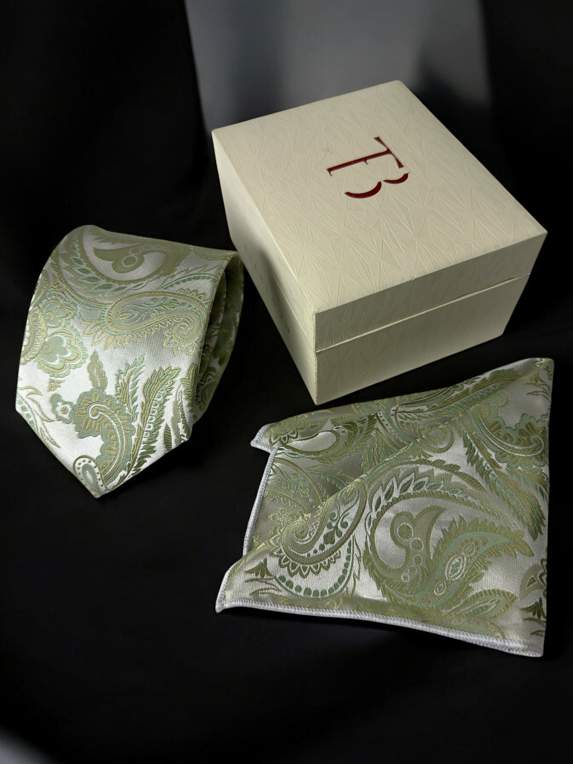 TieBenon Tea Green Paisley Tie with Pocket Square – Premium Microfiber