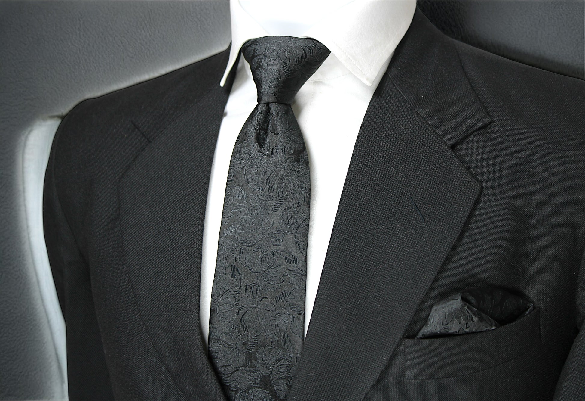 Black Self Floral Tie & Pocket Square