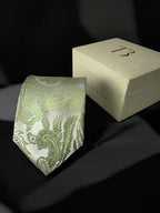 TieBenon Tea Green Paisley Tie with Pocket Square – Premium Microfiber