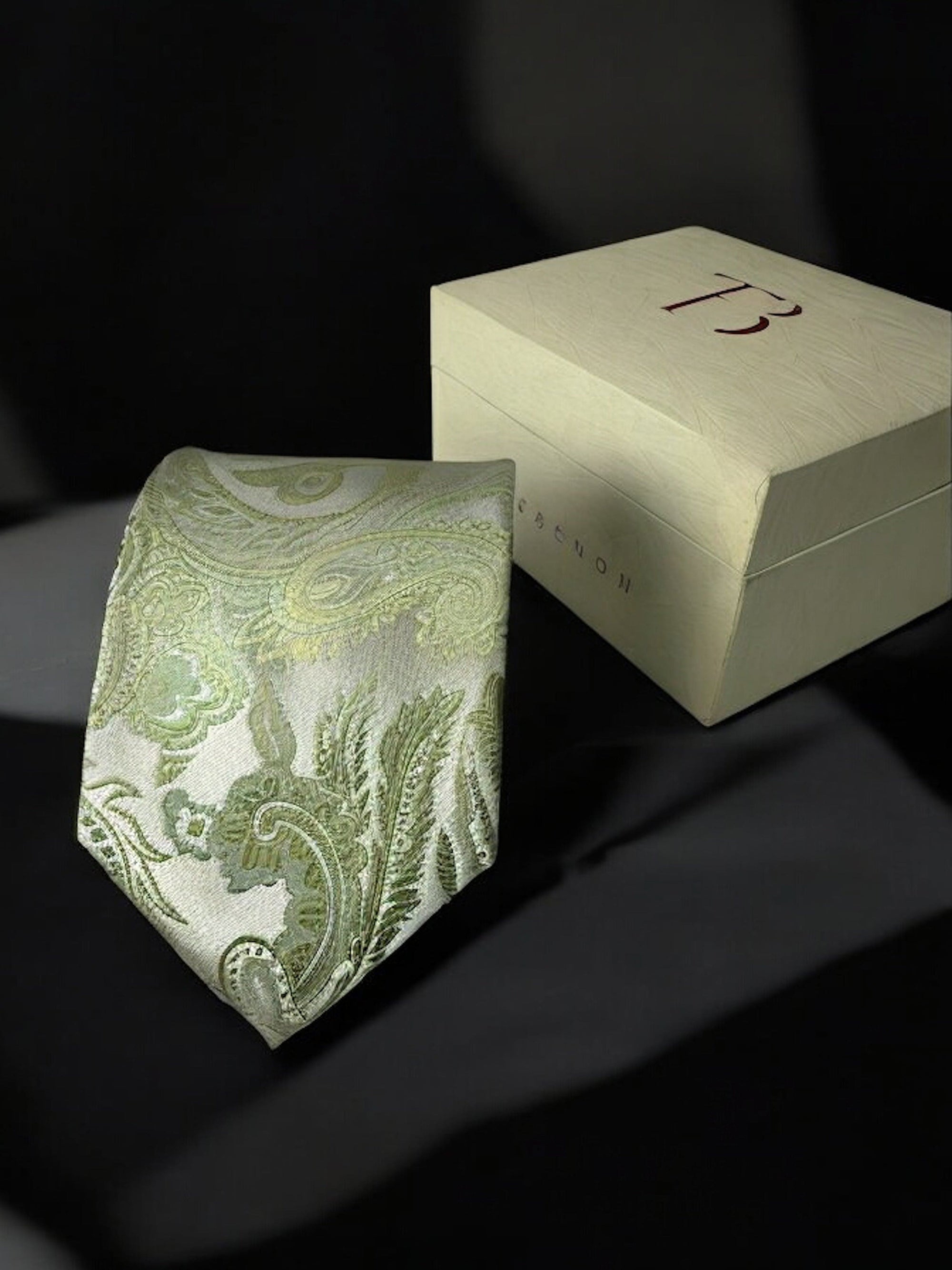 TieBenon Tea Green Paisley Tie with Pocket Square – Premium Microfiber