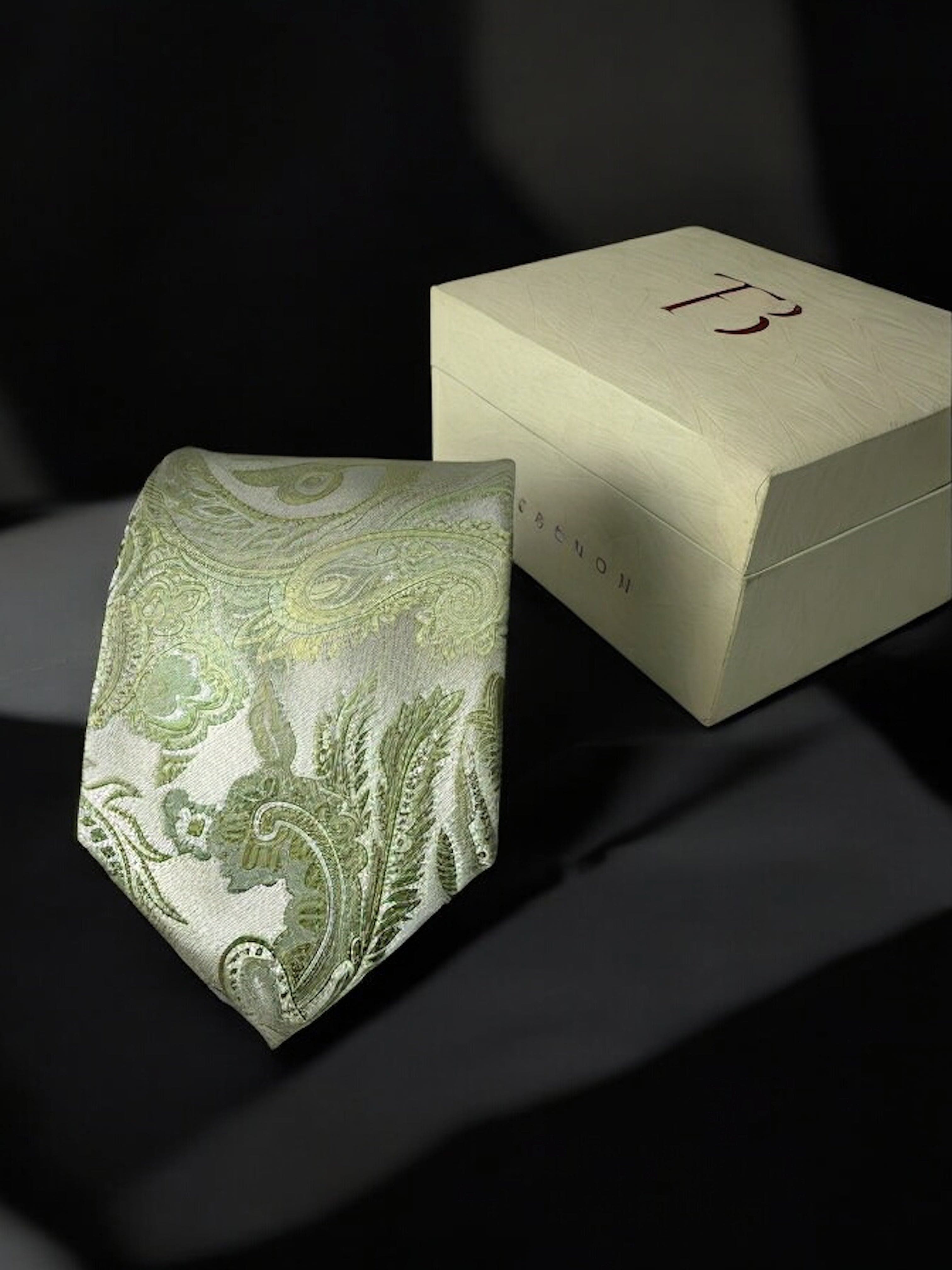 TieBenon Tea Green Paisley Tie with Pocket Square – Premium Microfiber
