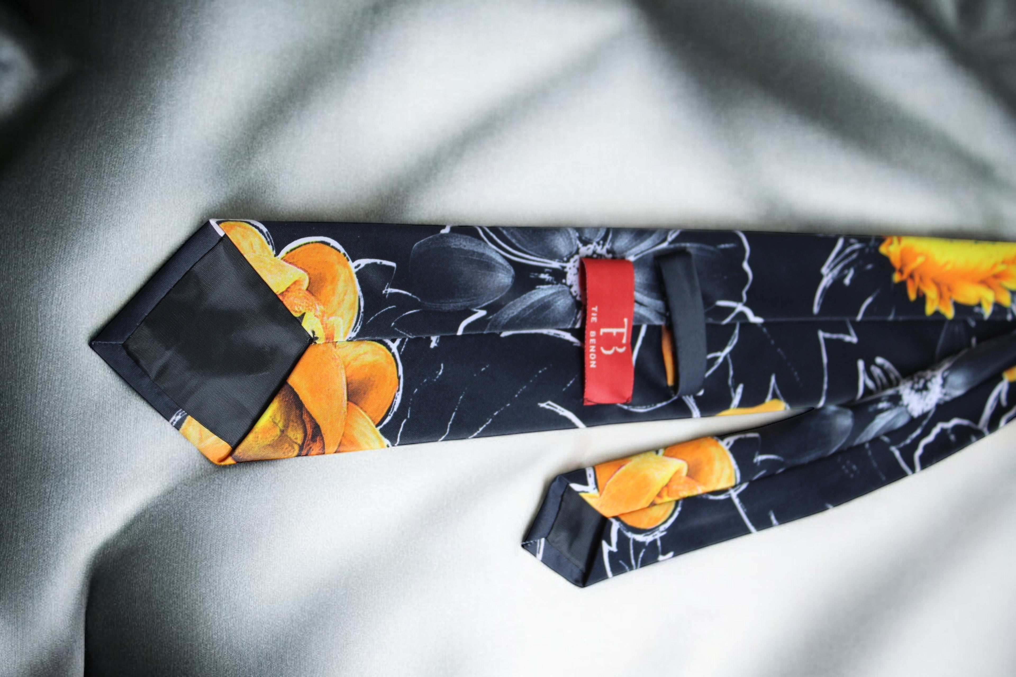 Black and Yellow Artistic Floral Tie With Pocket Square