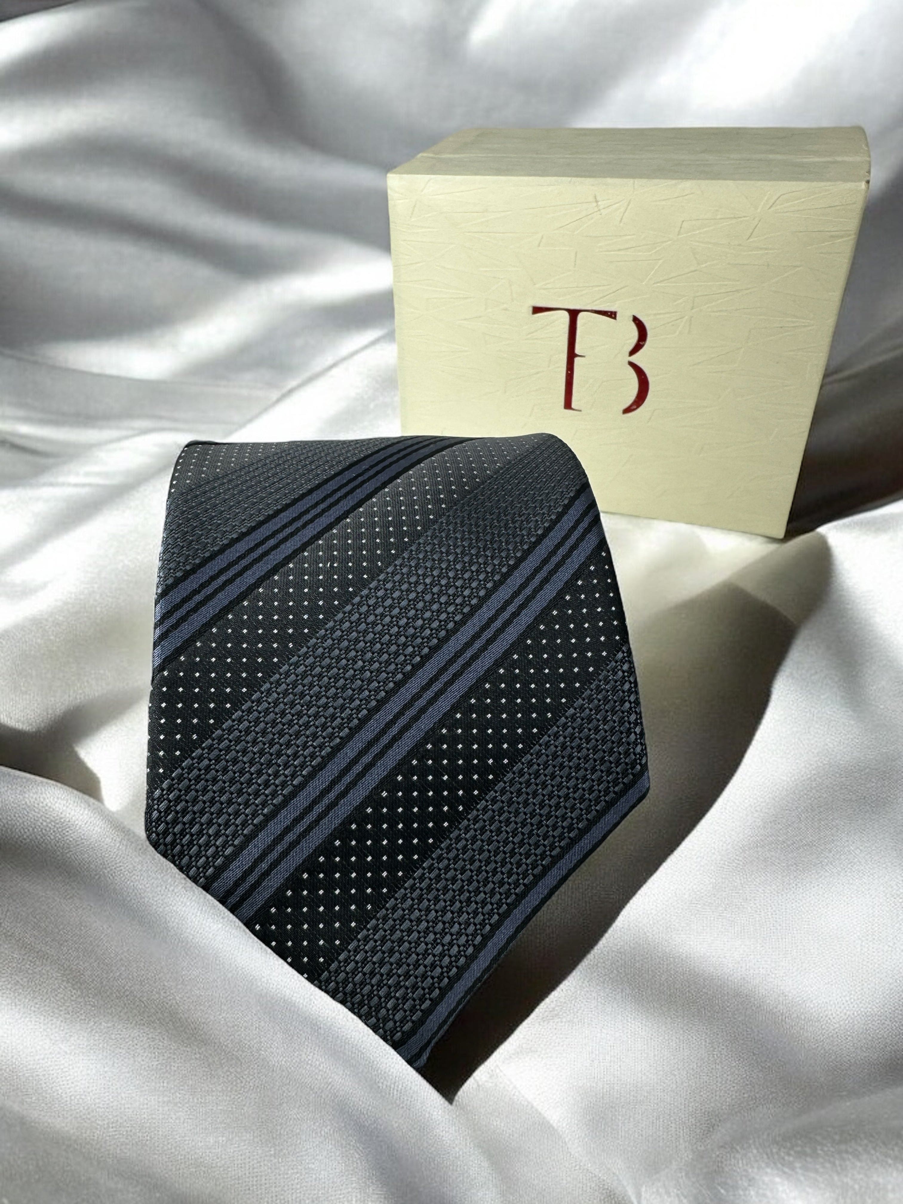 Tie Benon Grey Black Stripe Tie with Pocket Square – Premium Microfiber