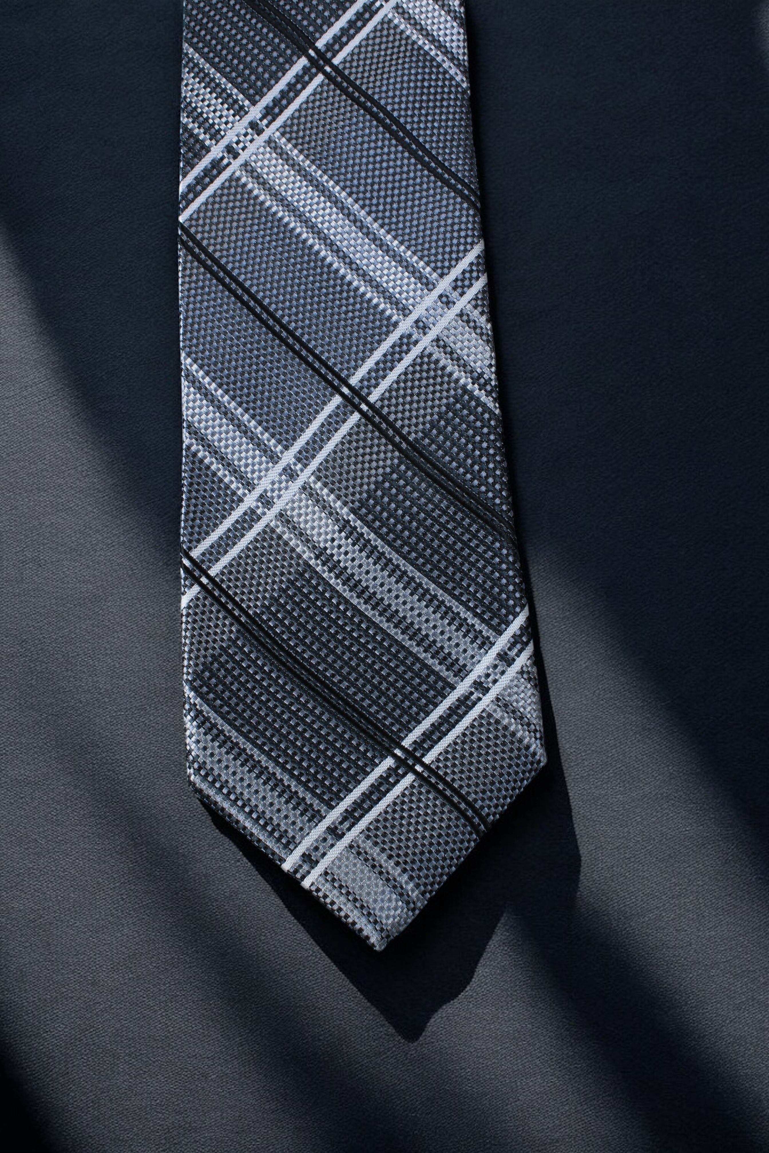 Bold Black & Silver Plaid Tie