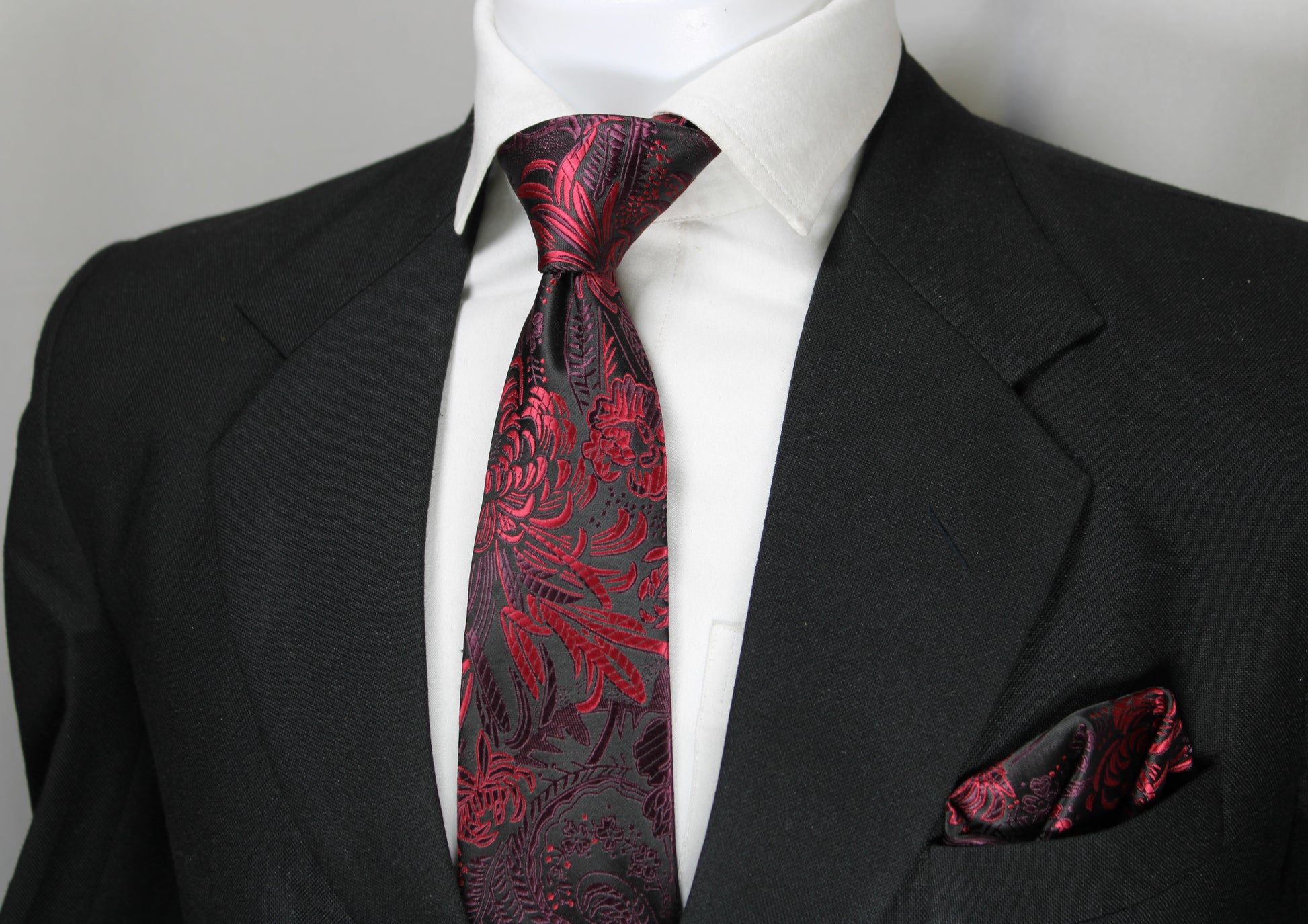 Black & Maroon Floral Tie & Pocket Square