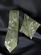 TieBenon Tea Green Paisley Tie with Pocket Square – Premium Microfiber