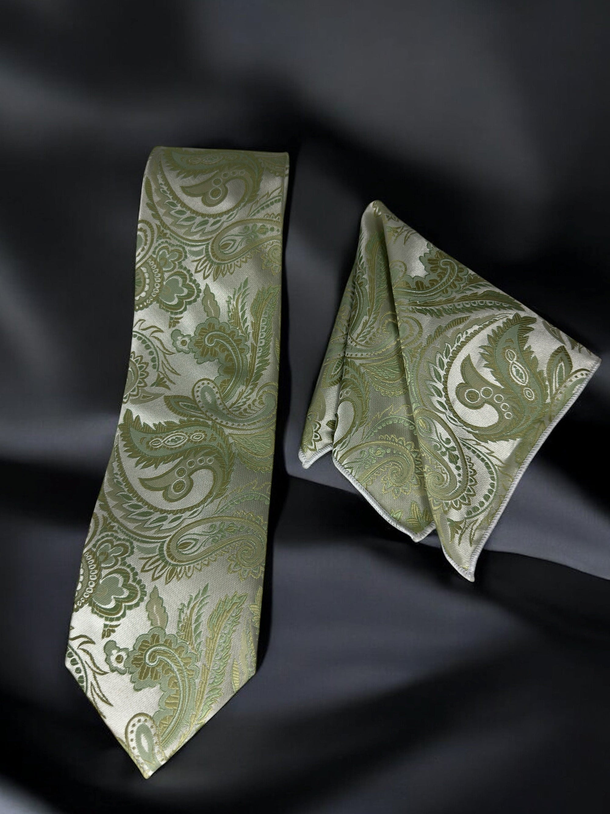 TieBenon Tea Green Paisley Tie with Pocket Square – Premium Microfiber