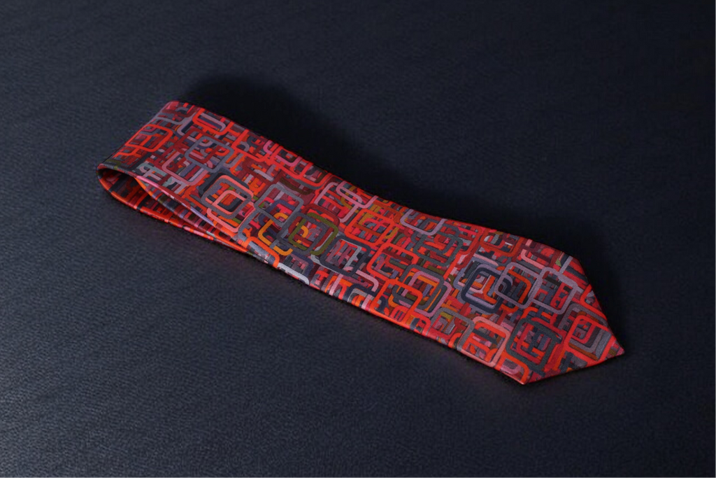 Geometric Red Maze Tie with Pocket Square