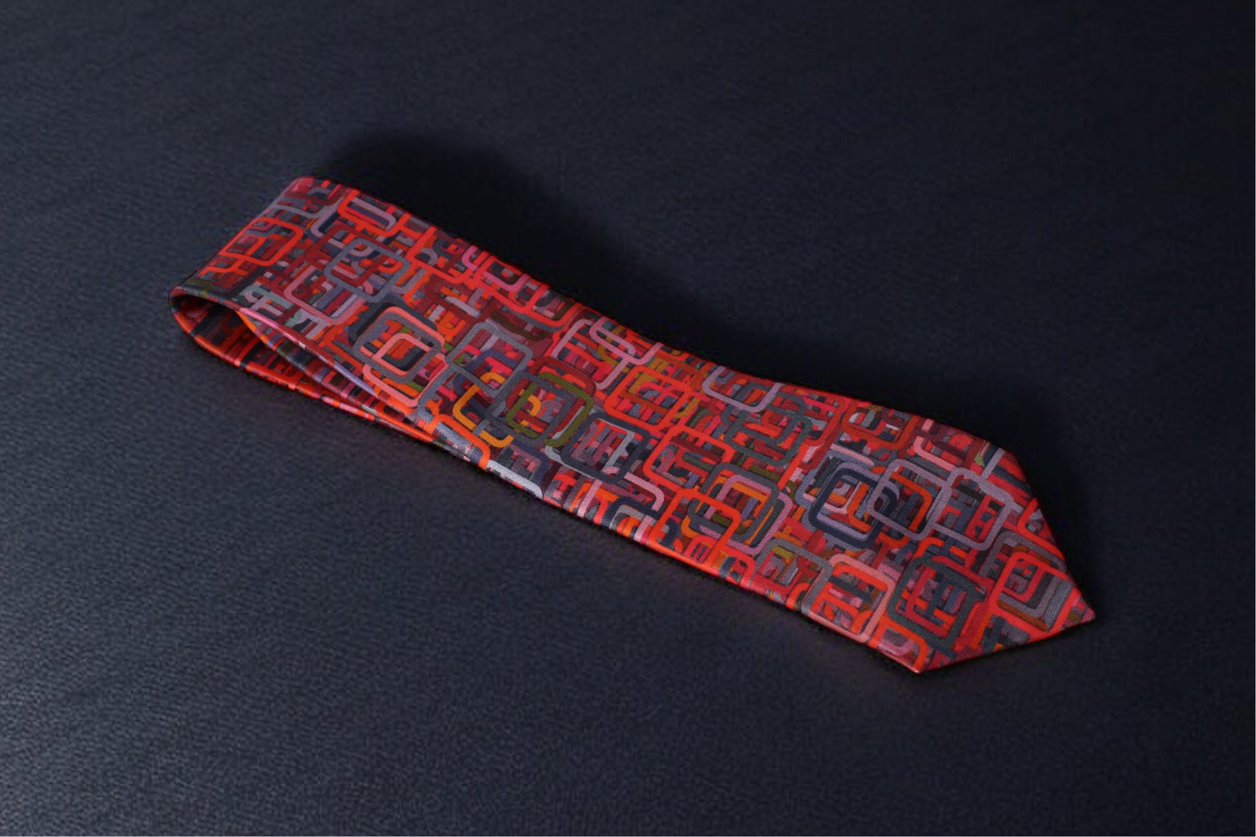 Geometric Red Maze Tie with Pocket Square