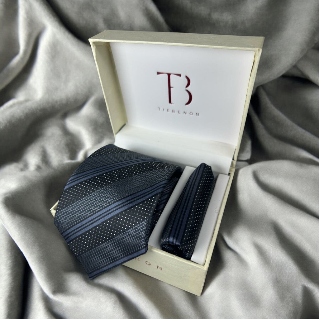Tie Benon Grey Black Stripe Tie with Pocket Square – Premium Microfiber