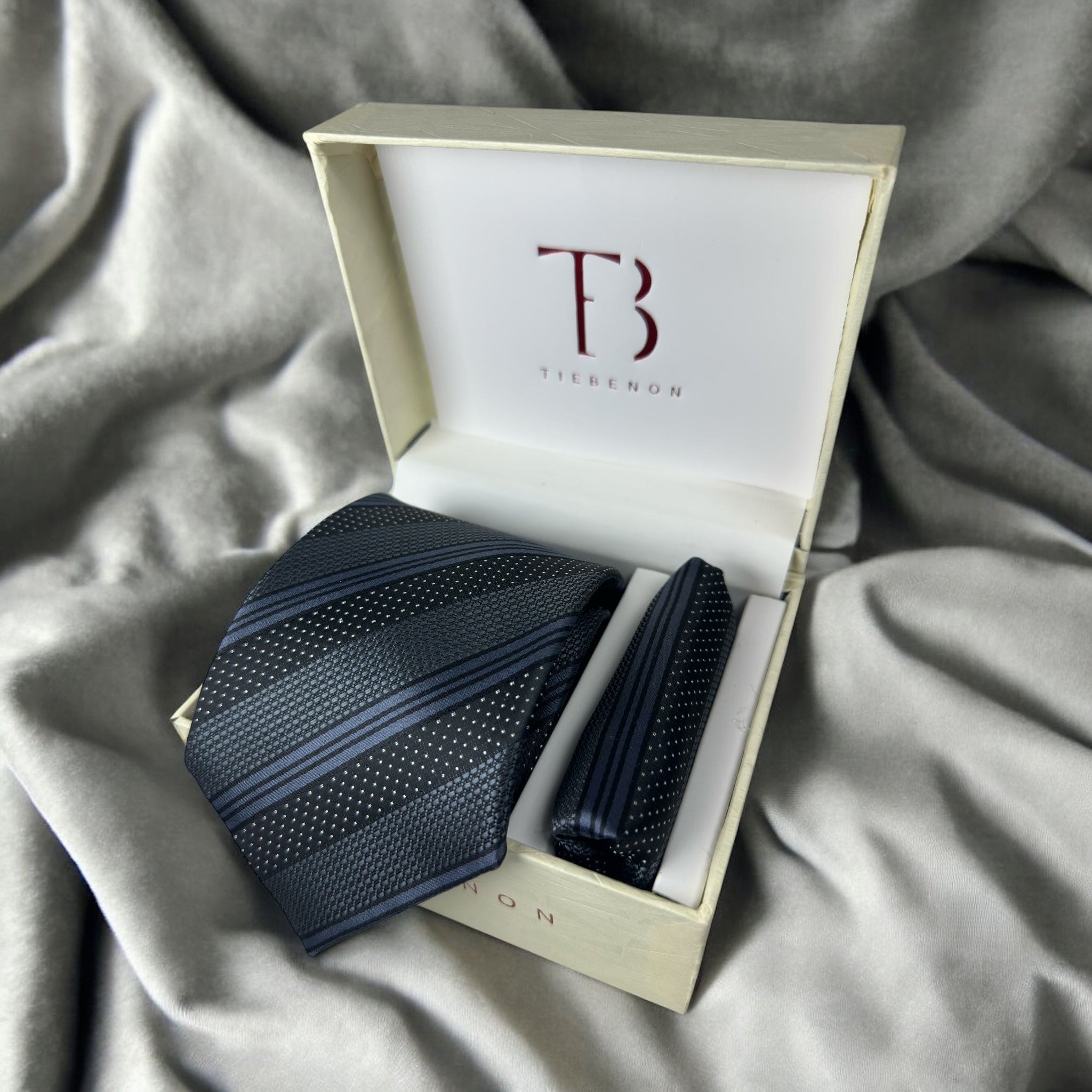 Tie Benon Grey Black Stripe Tie with Pocket Square – Premium Microfiber