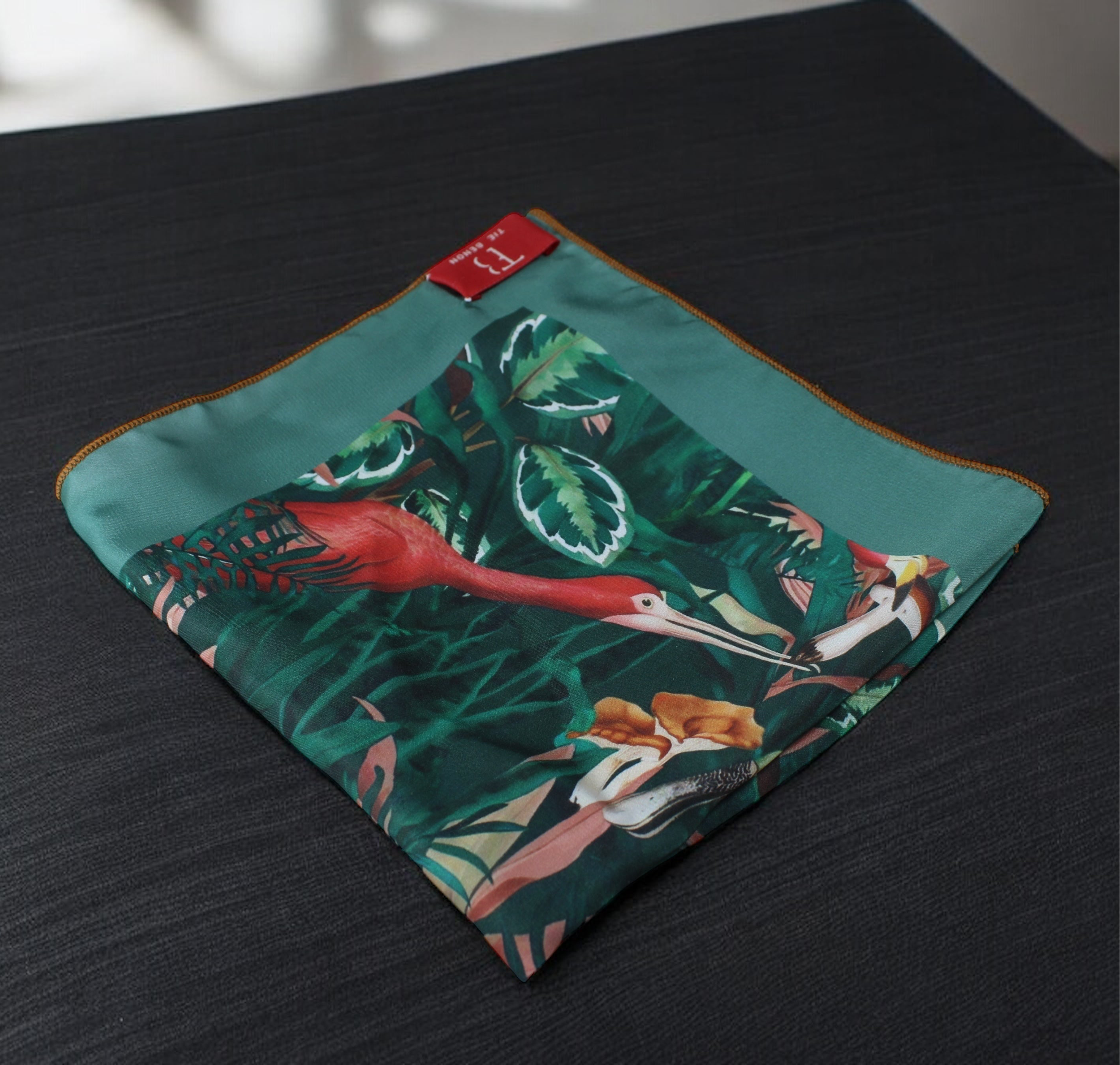 Viridian Green Bird Print Pocket Square
