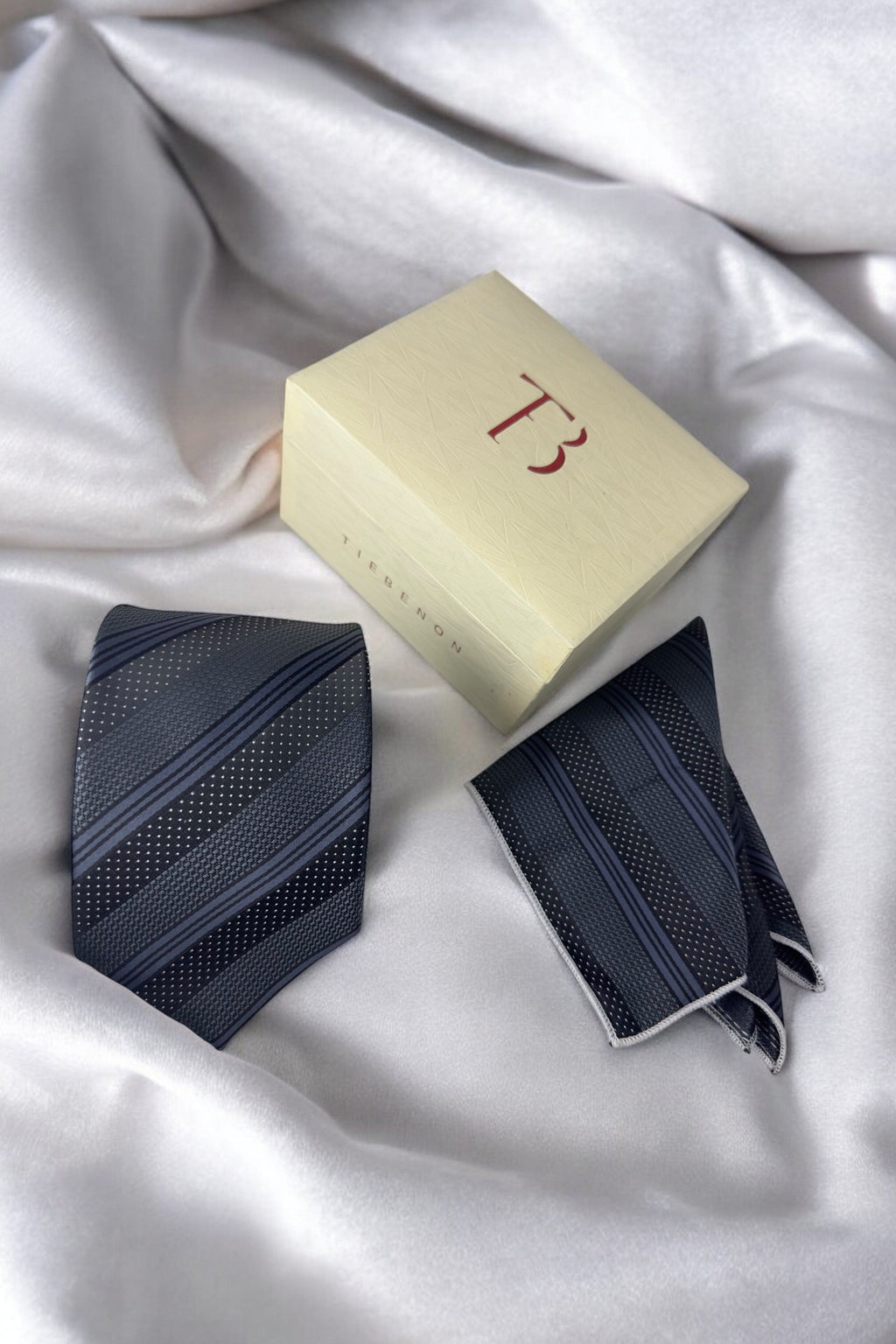 Tie Benon Grey Black Stripe Tie with Pocket Square – Premium Microfiber