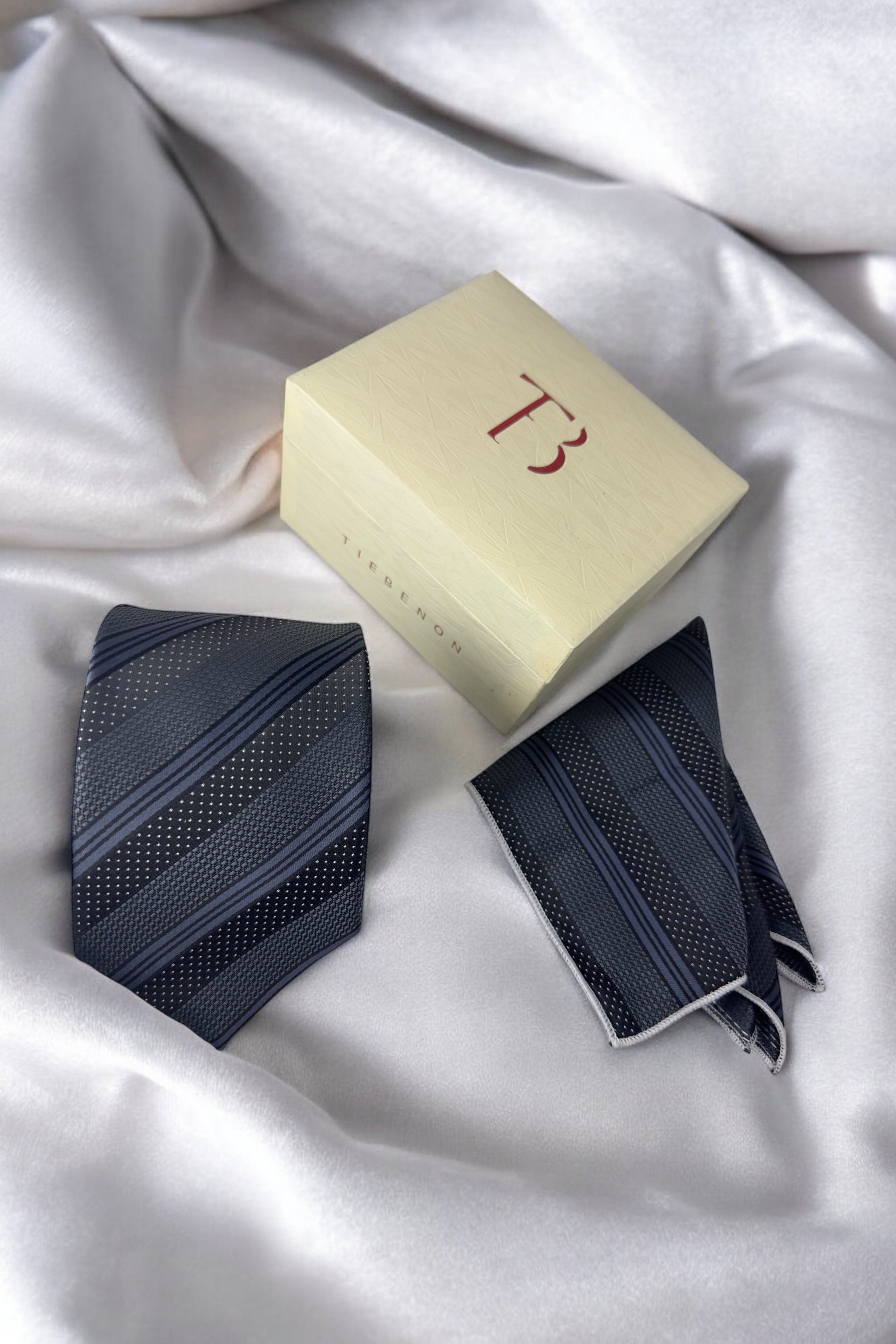 Tie Benon Grey Black Stripe Tie with Pocket Square – Premium Microfiber