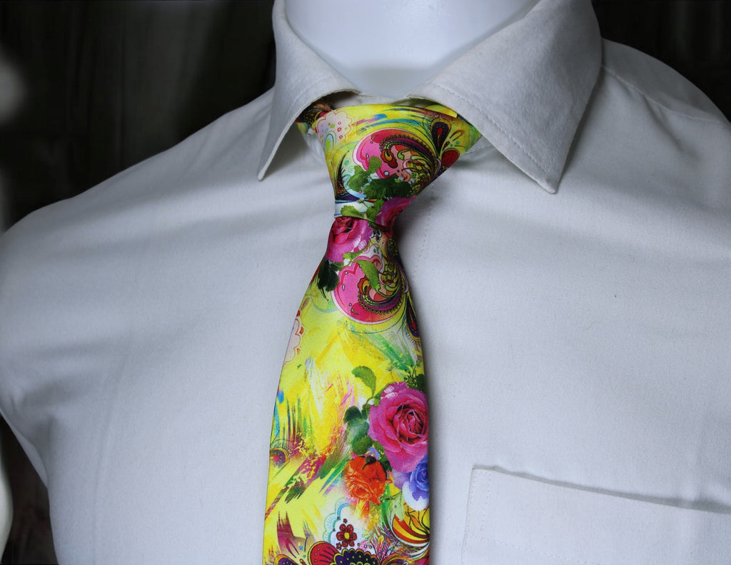 Artistic Yellow Floral Tie With Pocket Square