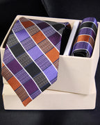 Autumn Plaid Hues Premium Microsilk Striped Tie & Pocket Square Set