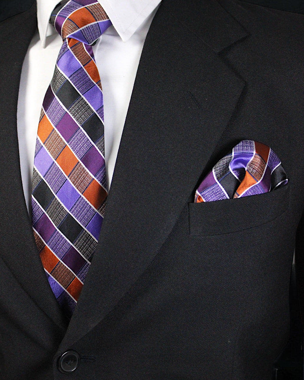 Black suit with a plaid tie and pocket square Tie Benon