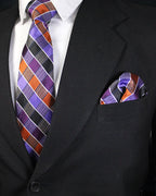 Autumn Plaid Hues Premium Microsilk Striped Tie & Pocket Square Set