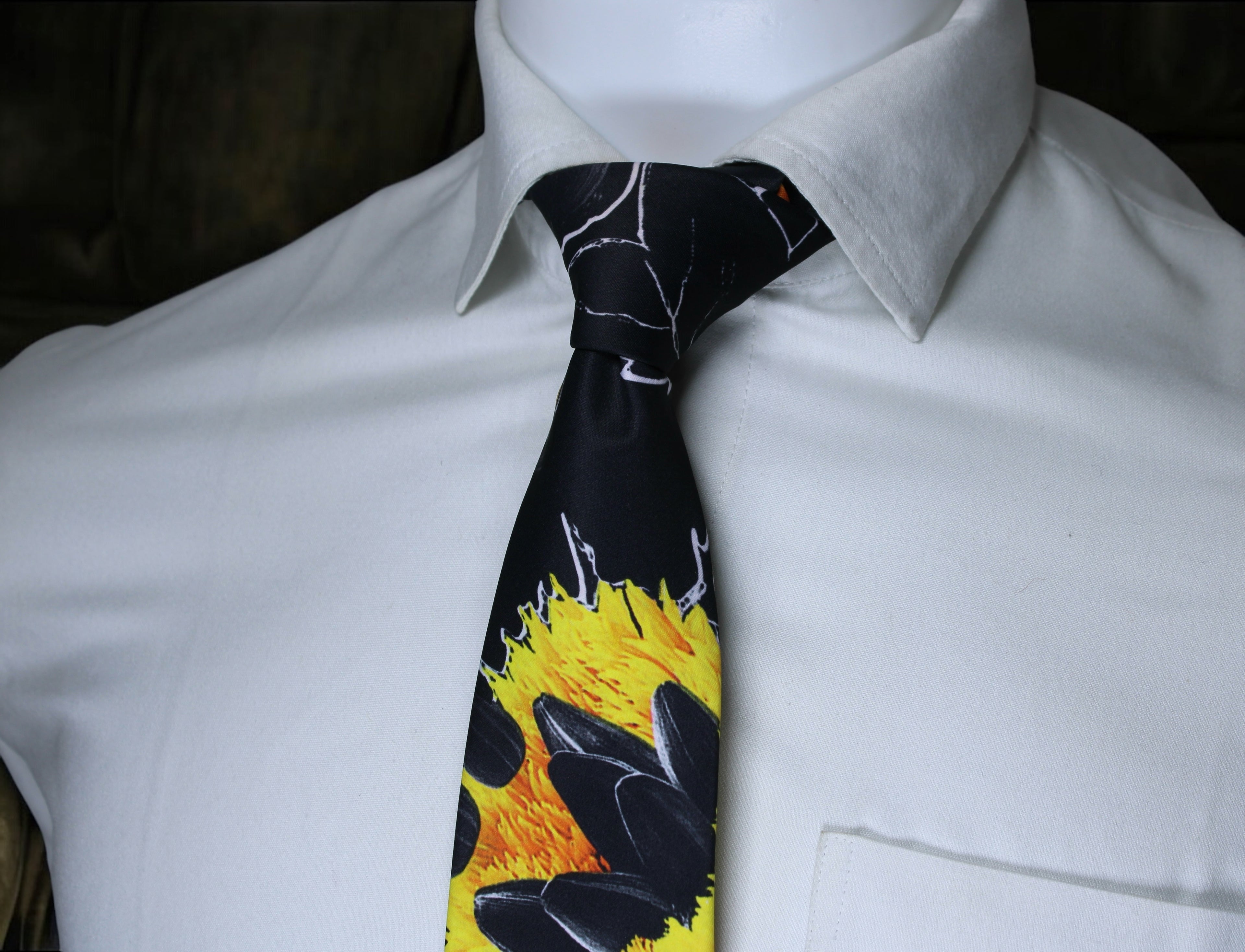 Black and Yellow Artistic Floral Tie With Pocket Square