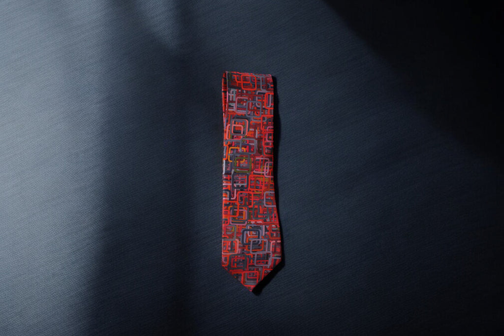 Geometric Red Maze Tie with Pocket Square