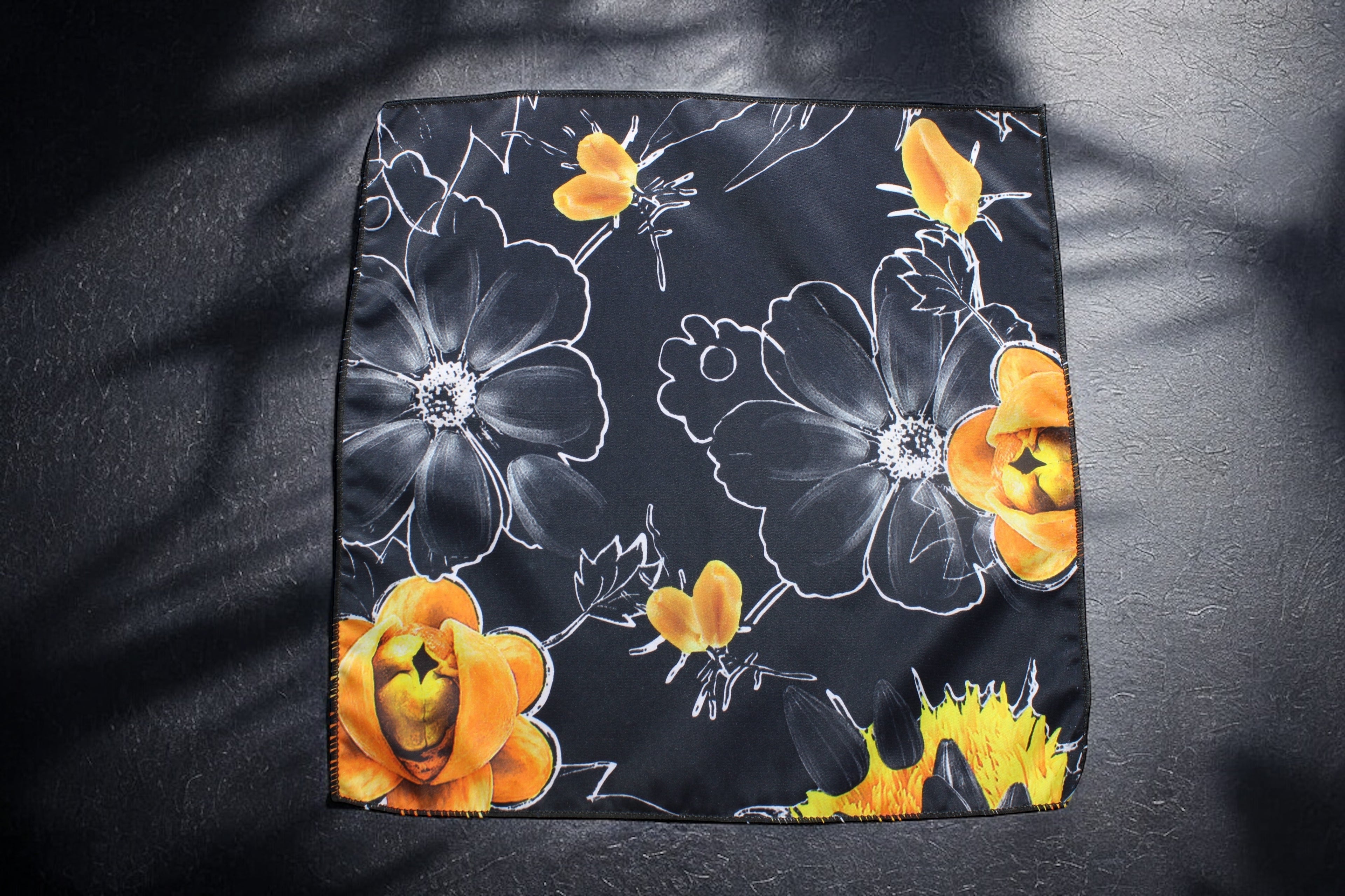Black and Yellow Artistic Floral Tie With Pocket Square