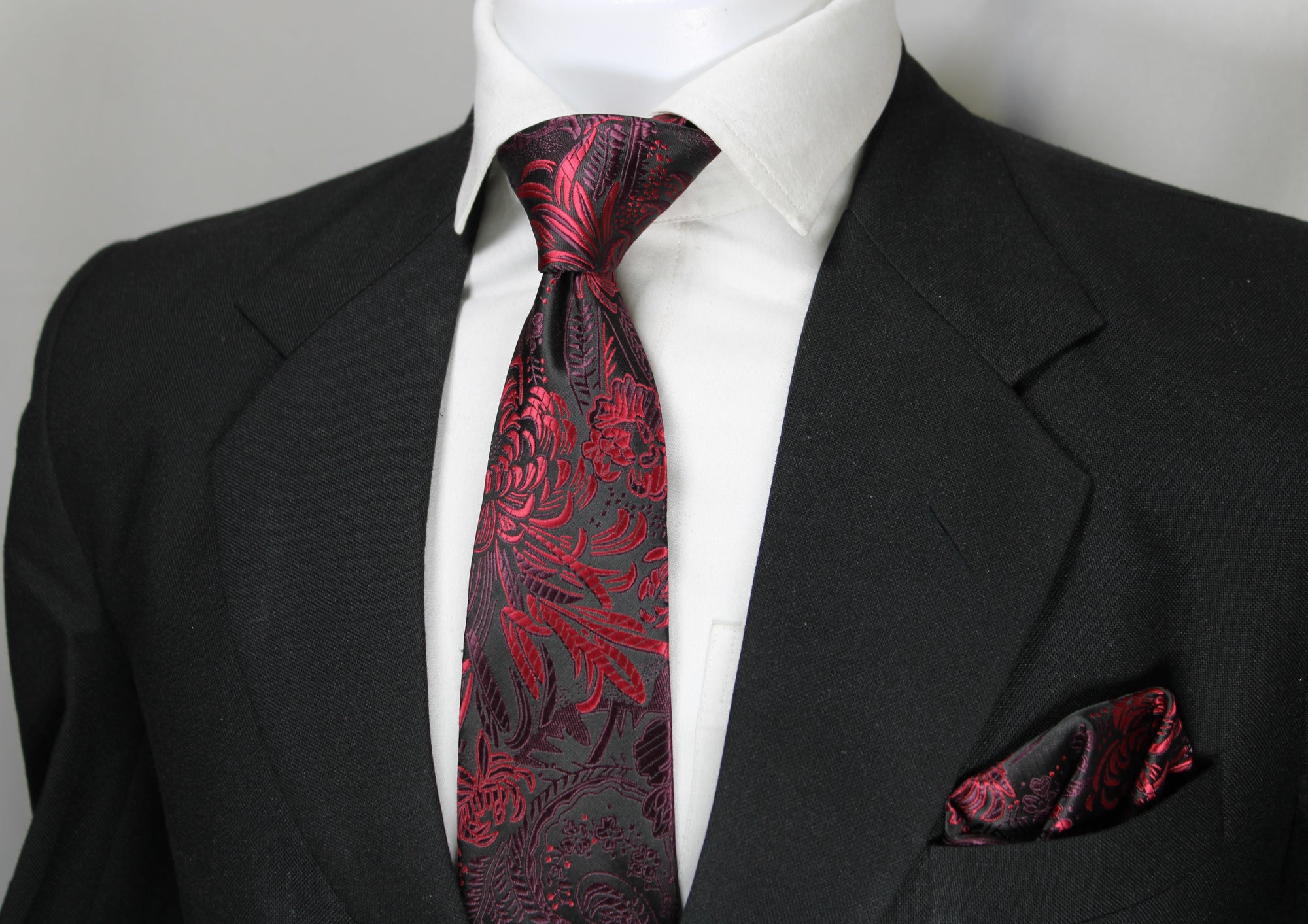 Black & Maroon Floral Tie & Pocket Square