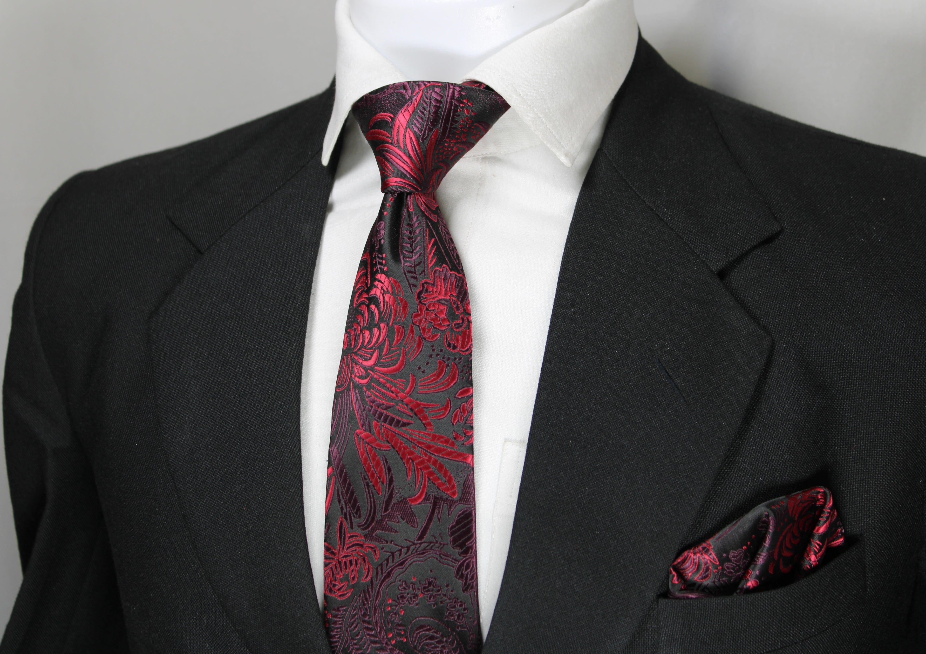 Black & Maroon Floral Tie & Pocket Square