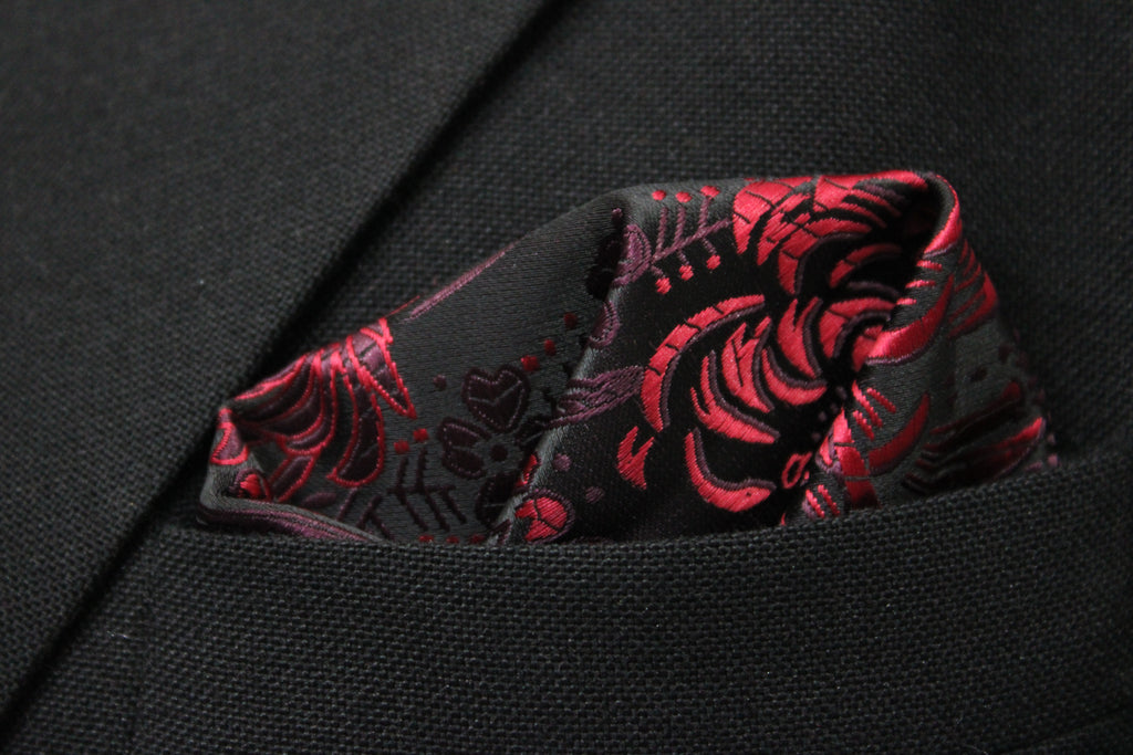 Black & Maroon Floral Tie & Pocket Square