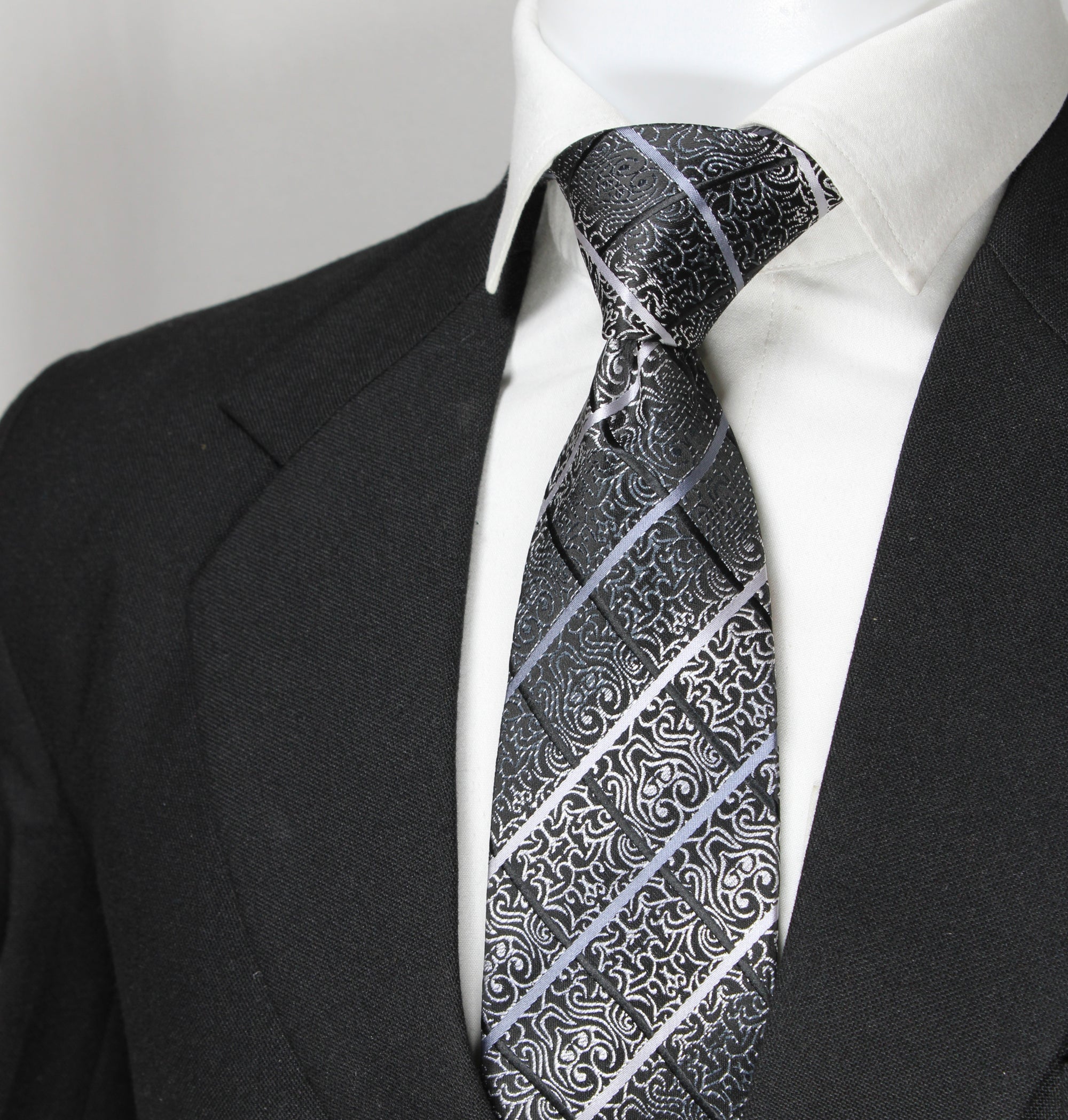 Black & Silver Floral Plaid Tie & Pocket Square