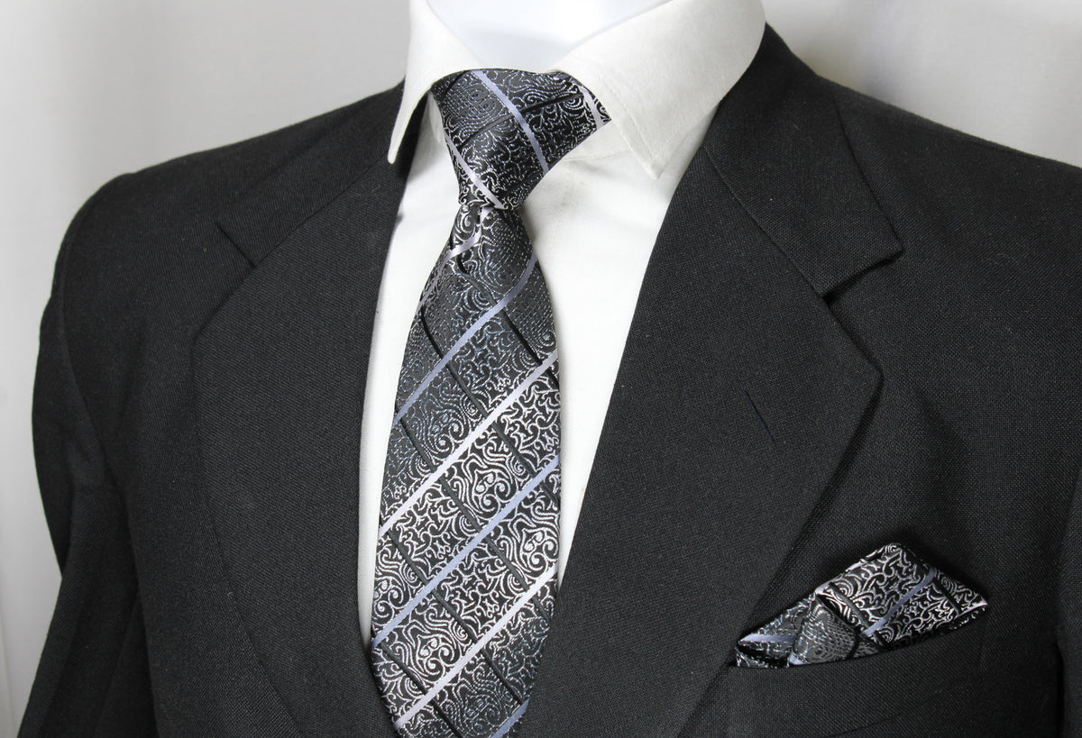 Black & Silver Floral Plaid Tie & Pocket Square