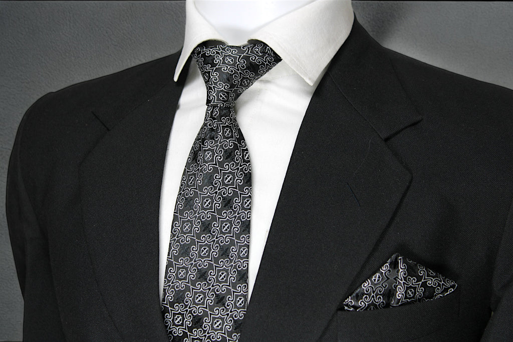 Black & Silver Patterned Tie & Pocket Square