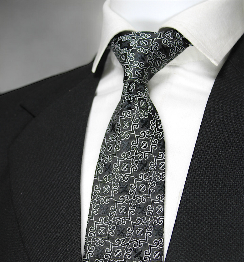 Black & Silver Patterned Tie & Pocket Square