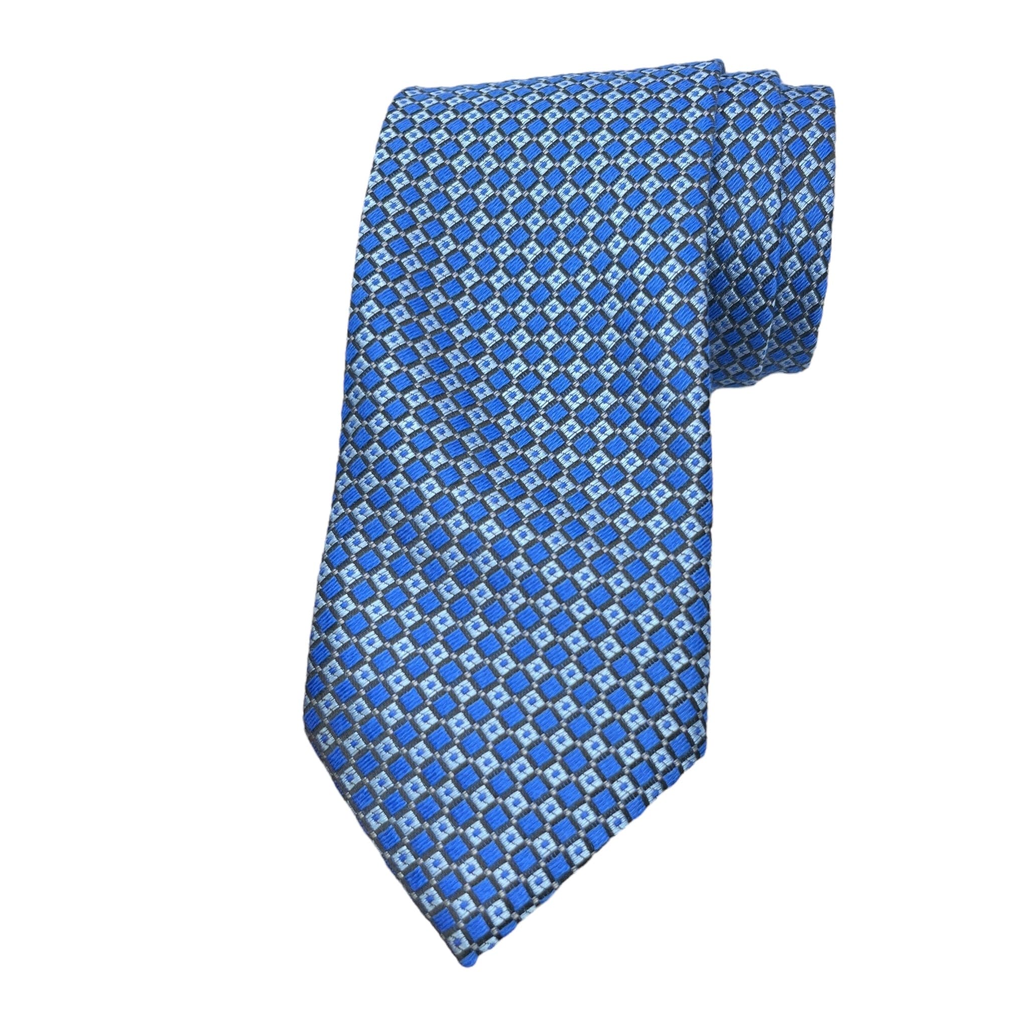 A blue classic woollen tie with a geometric pattern, displayed in a neatly folded state Tie Benon