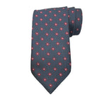 A blue classic woollen tie with a geometric pattern, displayed in a stacked arrangement.