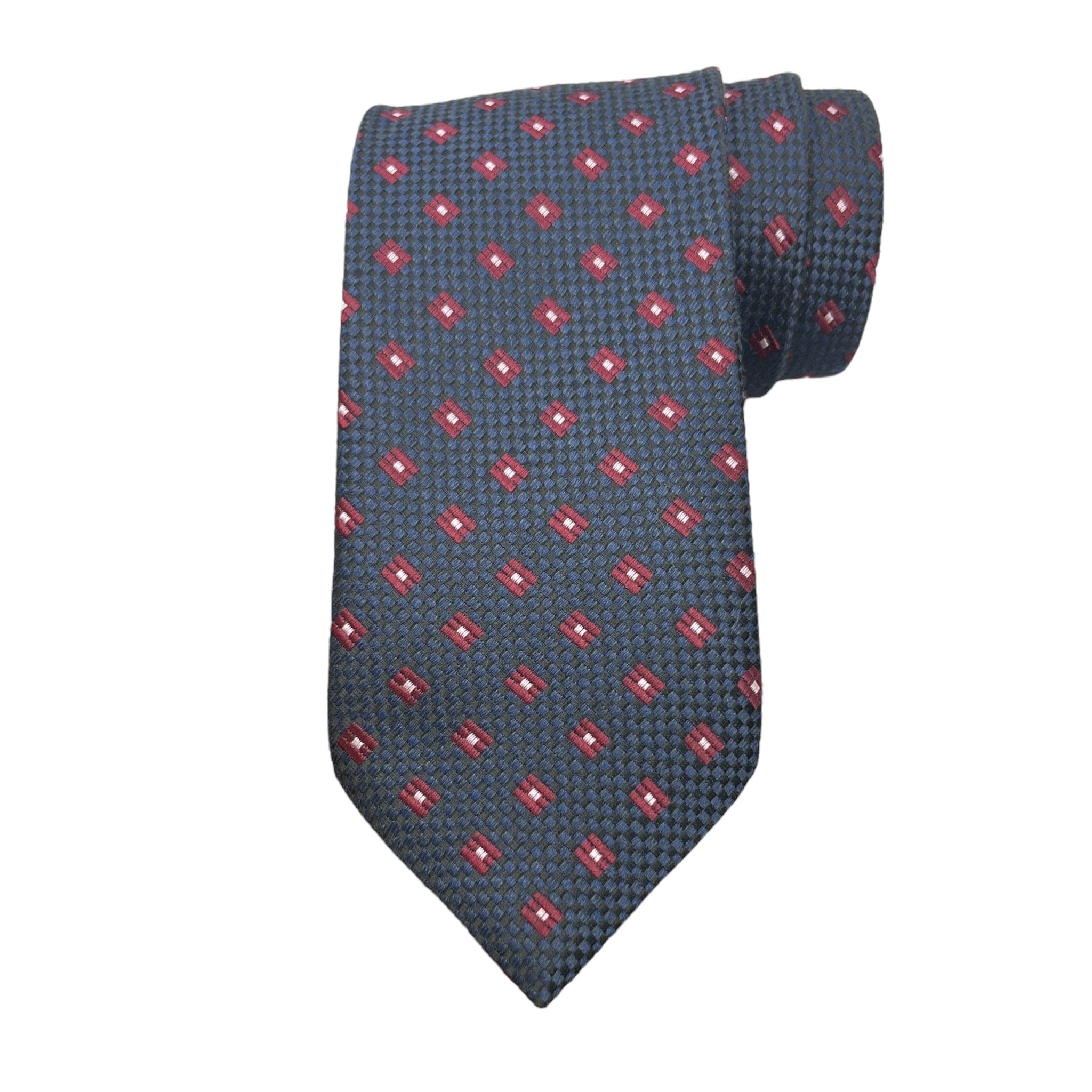 A blue classic woollen tie with a geometric pattern, displayed in a stacked arrangement.