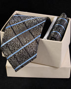 Brown, Ivory & Sky Blue Baroque Striped Tie & Pocket Square Set